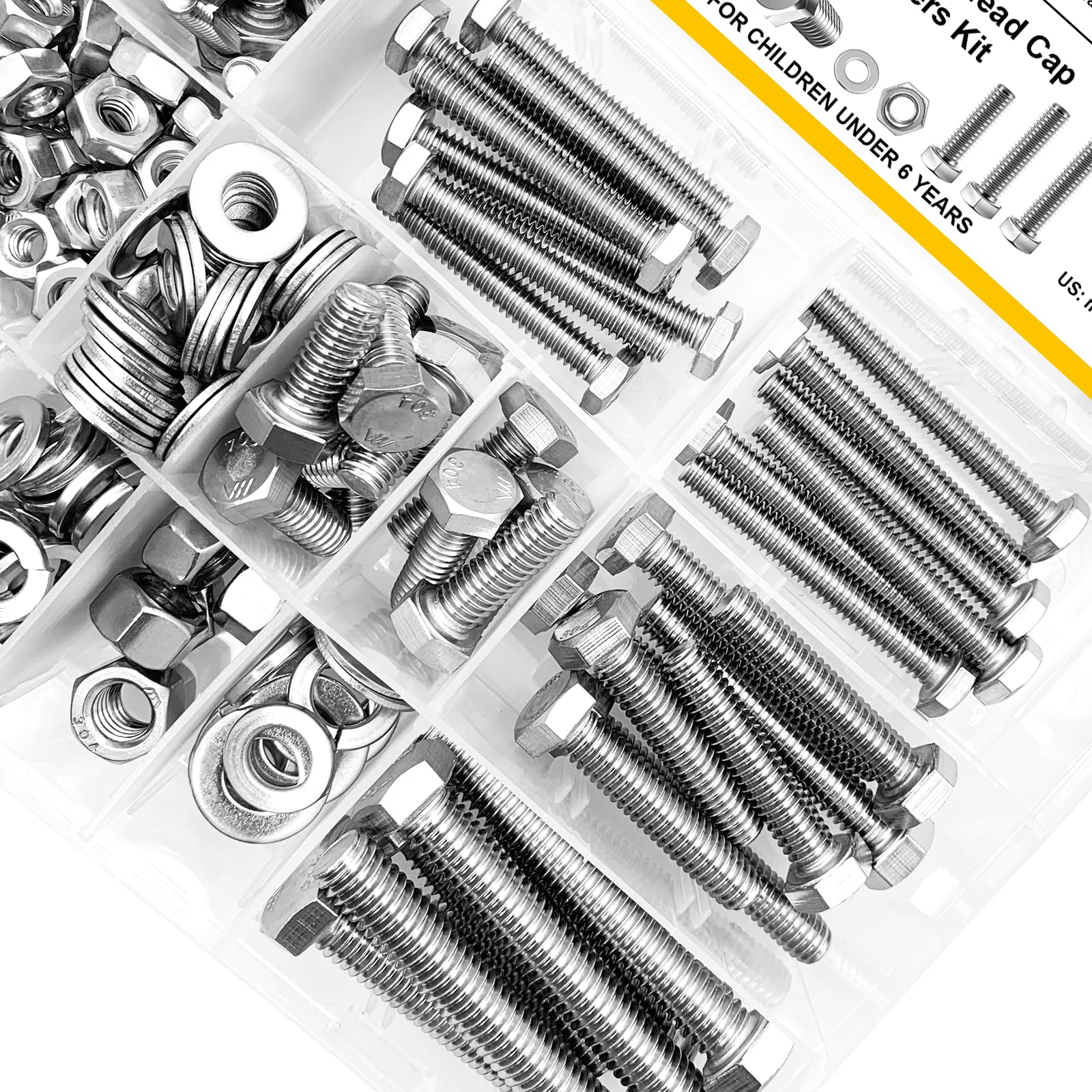 Mywish 254Pcs Bolts and Nuts Assortment, 1/4 20, 5/16 18, 3/8 16 Bolt, Heavy Duty 304 Stainless Steel Bolts and Nuts Kit with Flat Spring Washers, Includes 10 Common Sizes, Fully Threaded