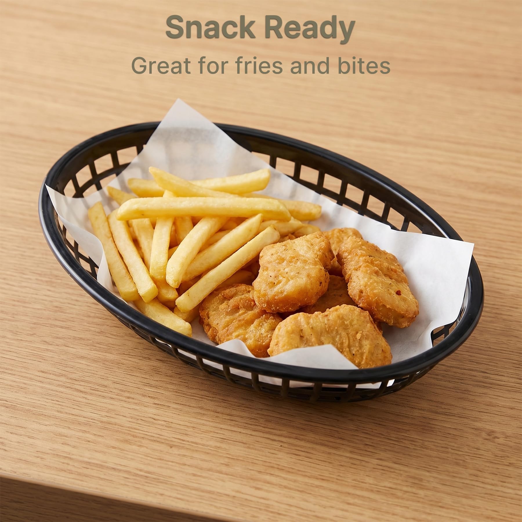 Kingrol 50 Pack Black Oval Fast Food Baskets, Food Serving Tray for Sandwiches, Burgers, Nachos, Fries, Hot Corn Dogs, Plastic Storage Basket Bin, 8-7/8 x 5-5/8 Inches