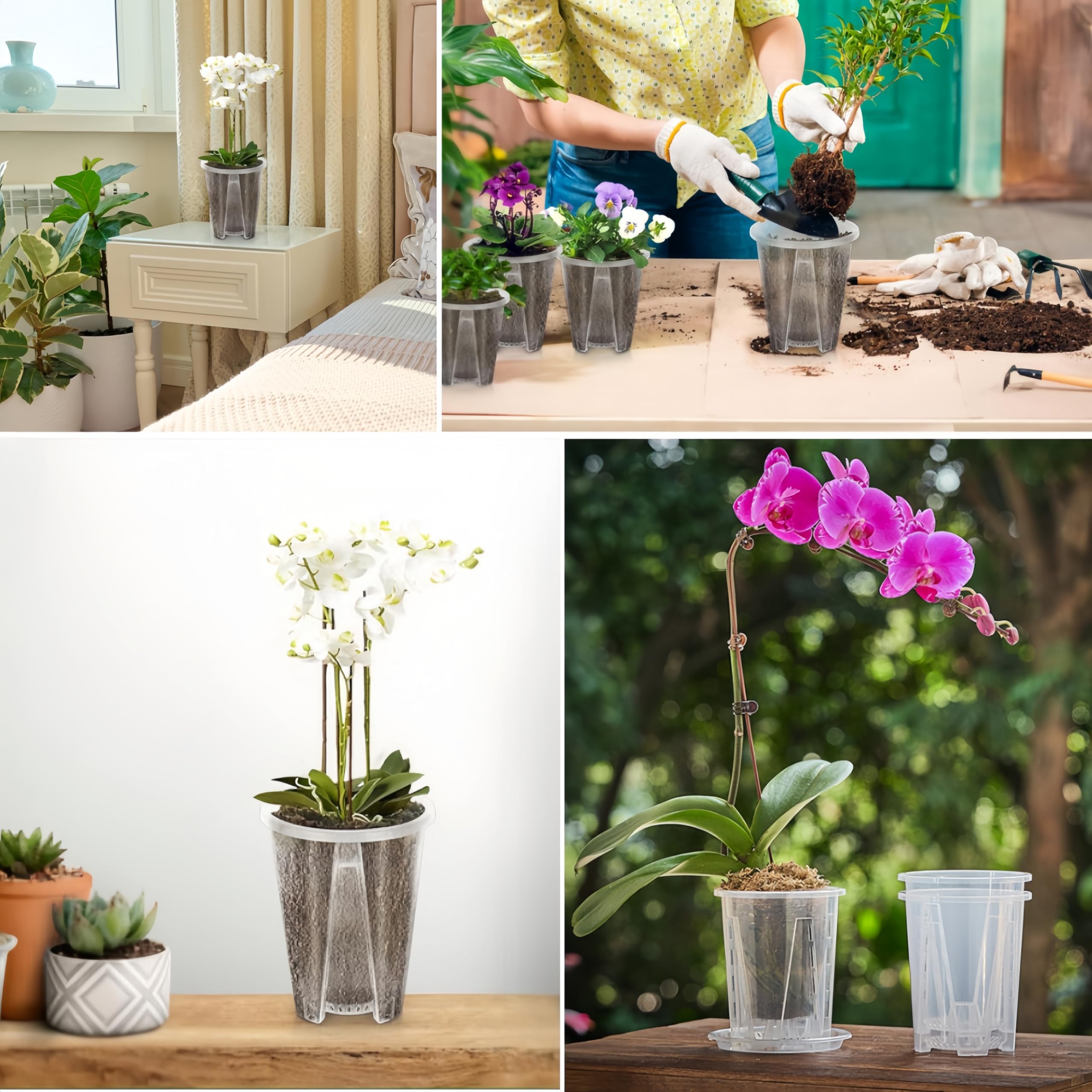 5 Pack Clear Plastic Orchid Pots with Holes and Saucers for Plants,5.5 x 6.5 in Thickened Transparent Pot,Breathable Slotted Orchids Planter Hard Flower Pots Nursery Pots, Houseplant
