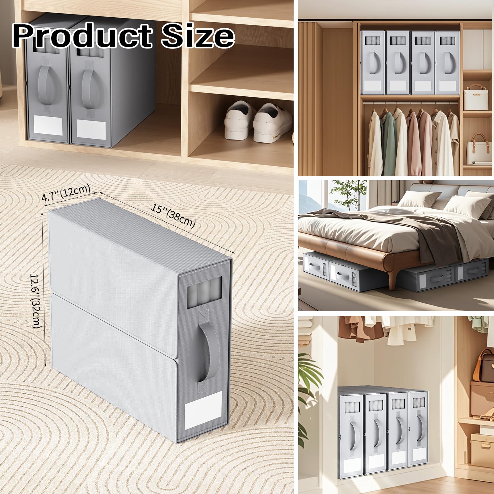 Foldable Bedding Organizer, Fabric Storage Bins for Bed Sheets, Duvet Covers and Pillowcases, Closet Organizer, Storage Container Boxes for Blankets, Clothes (4 pack(Queen or King), Grey)