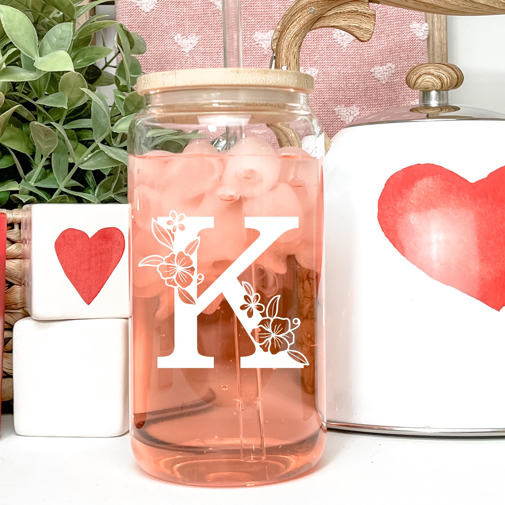 Personalized Customized Gifts for Women, Cute Monogrammed Glass Cups with Lids and Straws, Initial Iced Coffee Cup Drinking Glasses, Custom Letter Mug Tumbler, Birthday Christmas Gifts for Her Mom, M