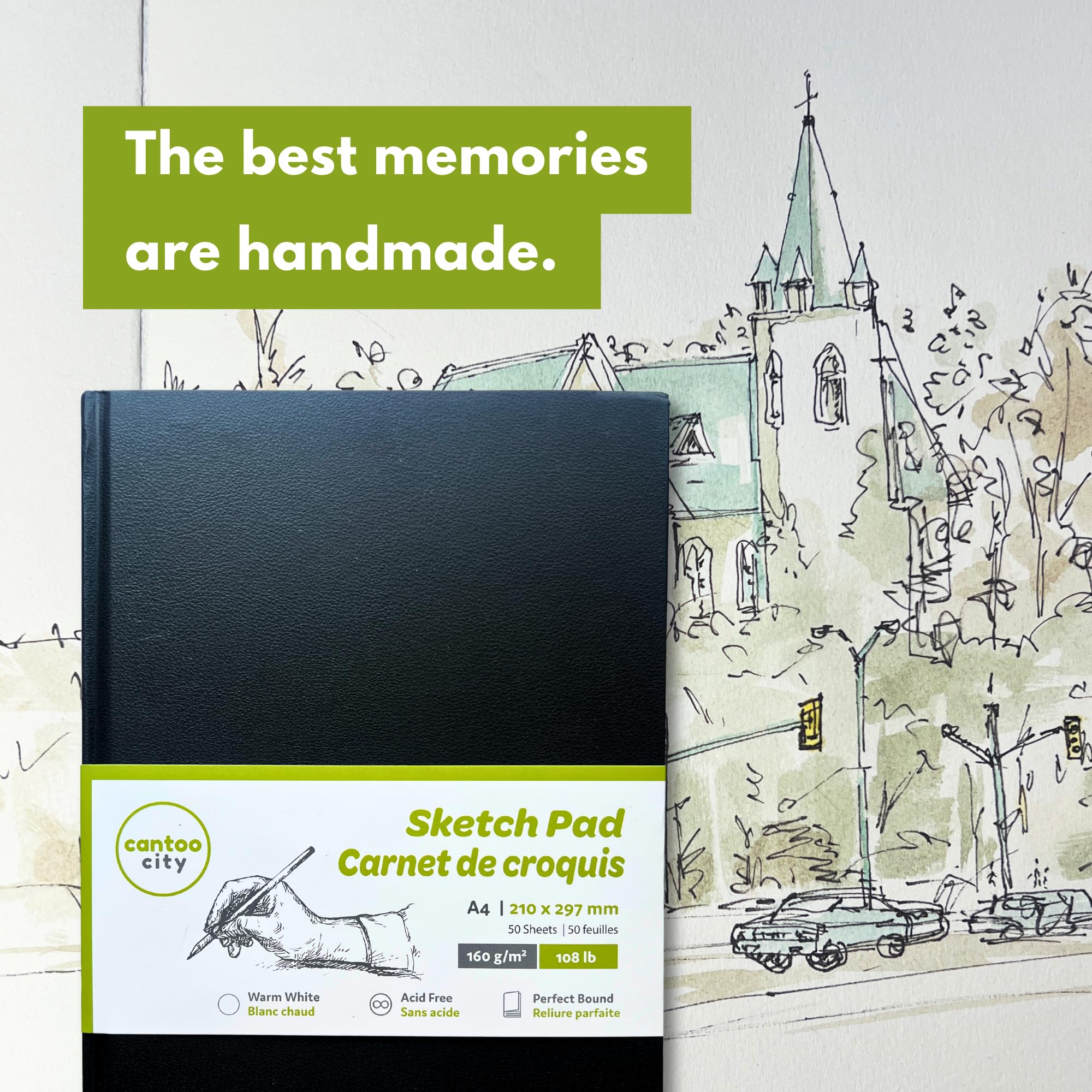 Cantoo City A4 Sketchbook, Professional Grade Black Hard Cover Sketch book, Art Drawing Book,Wood Free Warm White Paper Sketch Pad, Dry Media 100 Pages -160g/M² (108 Lb)