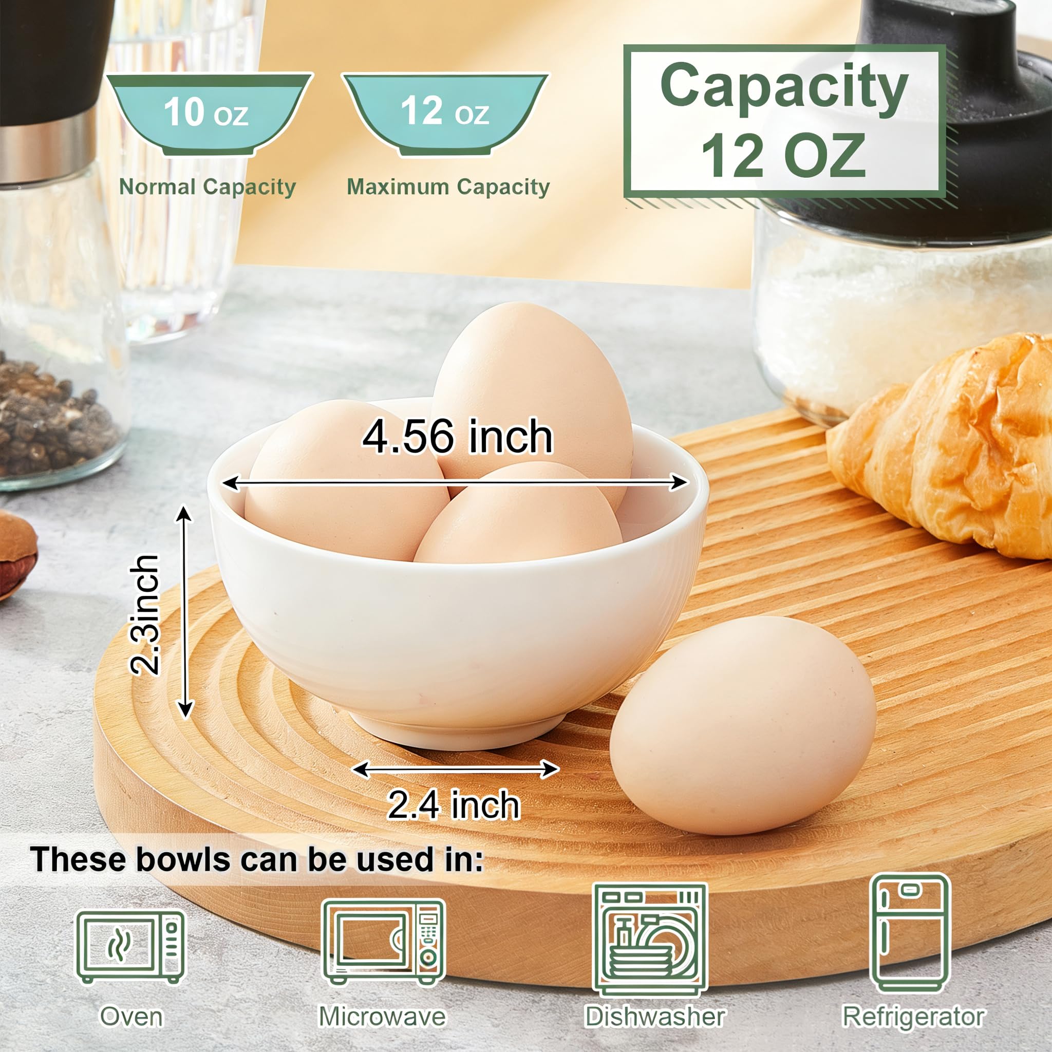 Antokueh White 4.5in Small Ceramic Bowls, 12 OZ, Ice Cream Bowls Set of 6 for Dessert, Rice, Jello, Pudding, Yogurt, Dishwasher/Microwave Safe