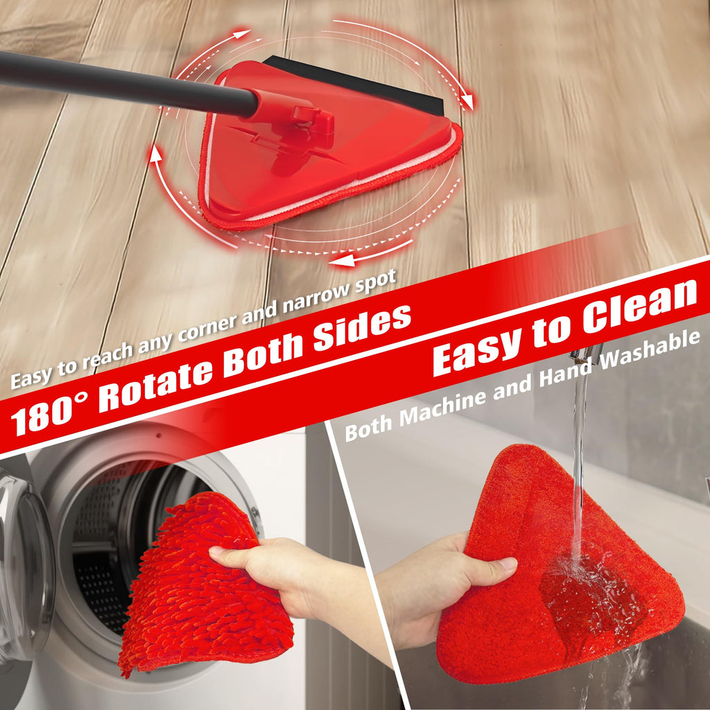 NEWE Wall Mop Cleaner, 80 inches Long Handle, 180° Folding Ceiling Cleaning Tool with Squeegee for Washing Painted Walls, Triangle Baseboard Scrubber with 3 Chenille Duster and 3 Microfiber Pads (Red)