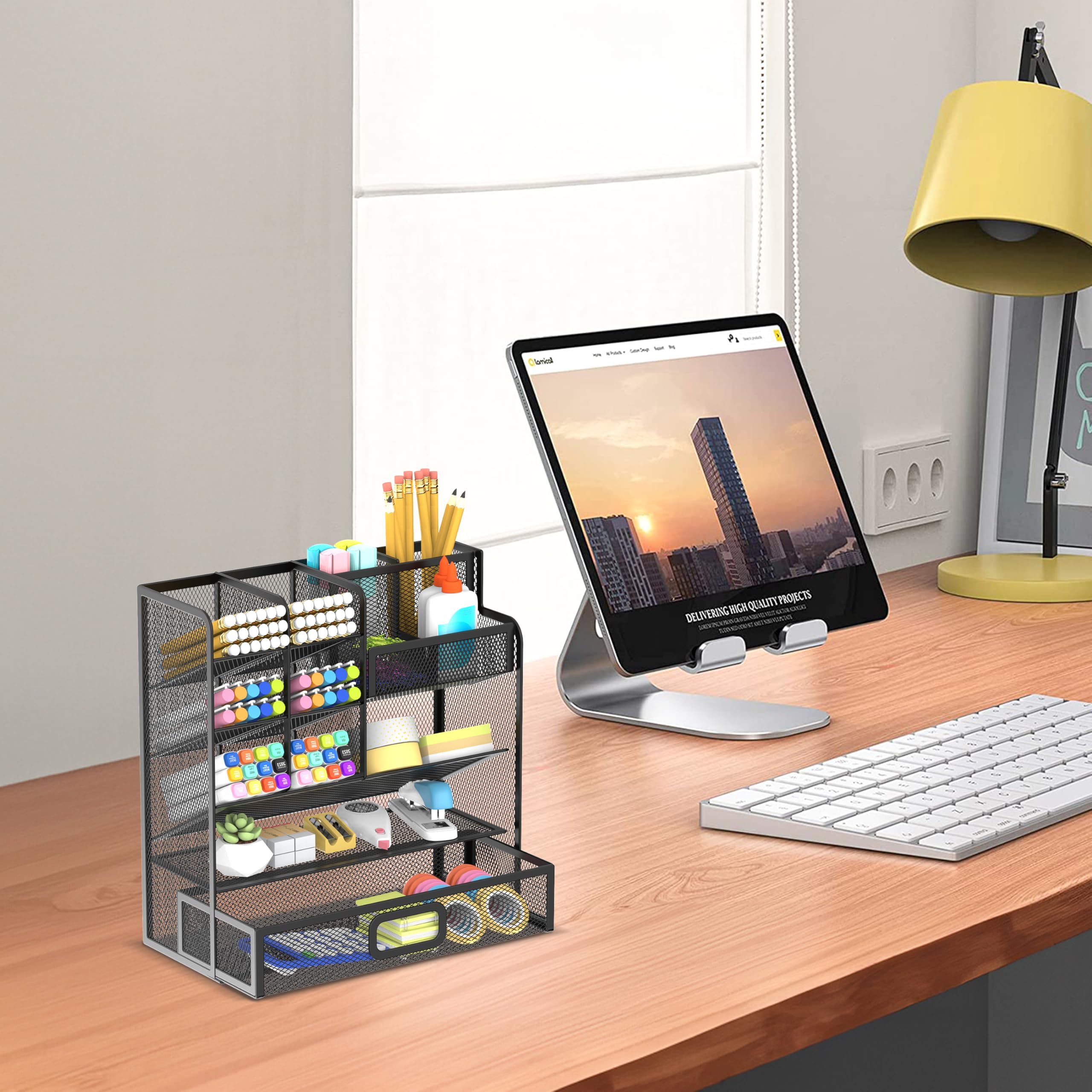 Mesh Pen Holder Desk Organizer, Multi-Function Pen Organizer with Drawer, Cute Desk Organizers and Accessories for Office Supplies Black