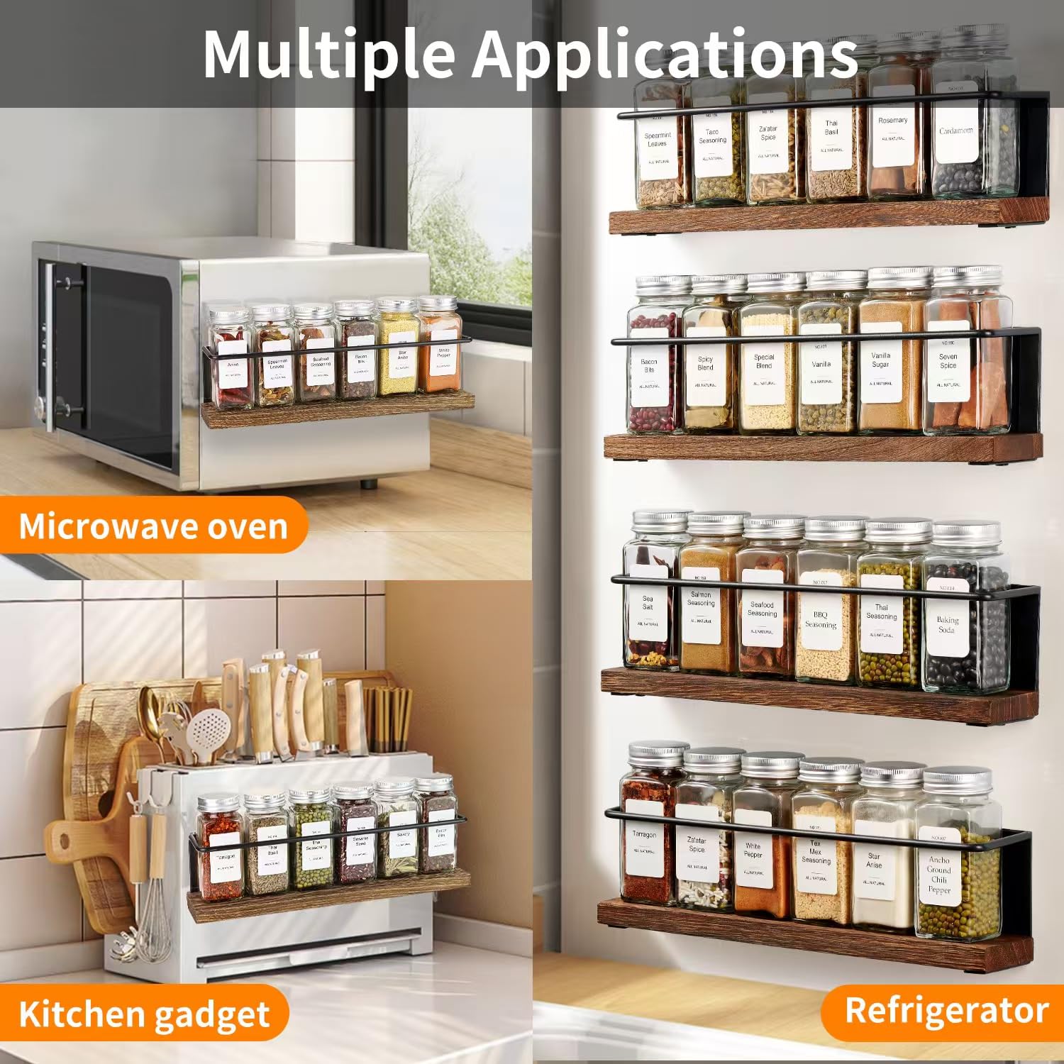 KitHero Magnetic Spice Rack Organizer with 12 Jars, 216 Labels, 1 Steel Funnel for Refrigerator，Microwave Oven - Full Set of Seasoning Organizer, Kitchen Gadgets