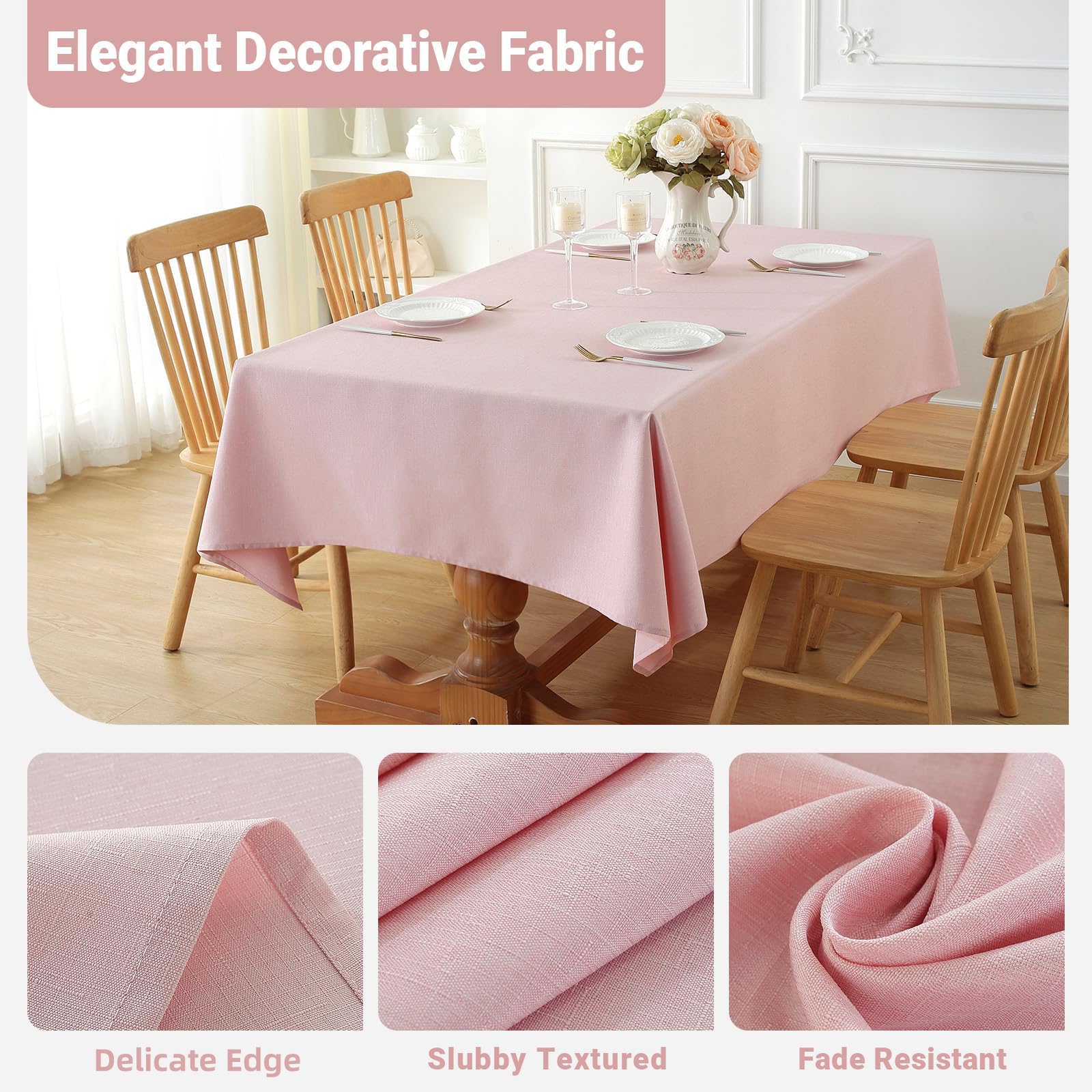 Laolitou Spring Table Cloth (Fits 4 Foot Table) Rectangle Linen Waterproof Textured Light Pink Tablecloth, Washable Wrinkle Free Spill Proof Fabric Tablecloths for Dining Table Farmhouse, 52x70 Inch