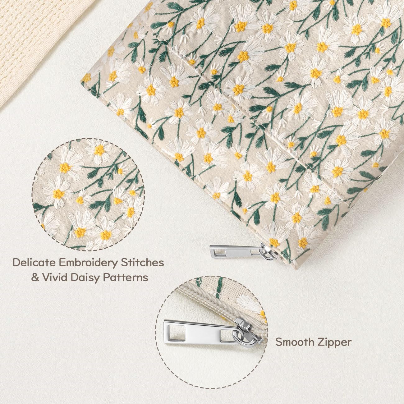 Dadanism Daisy Embroidered Book Sleeve with Zipper, Book Protector Pouch Books Lovers Gifts Bookish Gifts B-OOK Cover with Front Pocket for Hardcover Paperback, for Reader Teacher, Beige