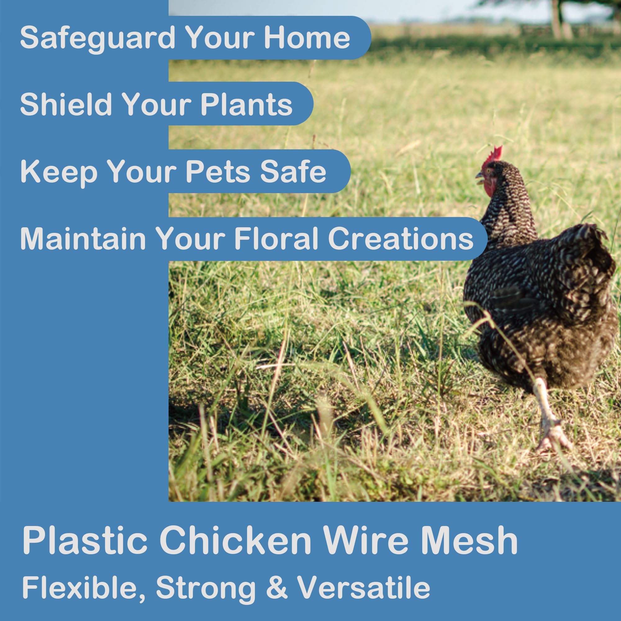 15.7IN x 10FT Black Plastic Chicken Wire Mesh Roll - Durable Plastic Mesh Fence for Poultry, Dogs, Rabbits, Garden & Snake Barrier - Easy to Cut & Install with 16 Zip Ties