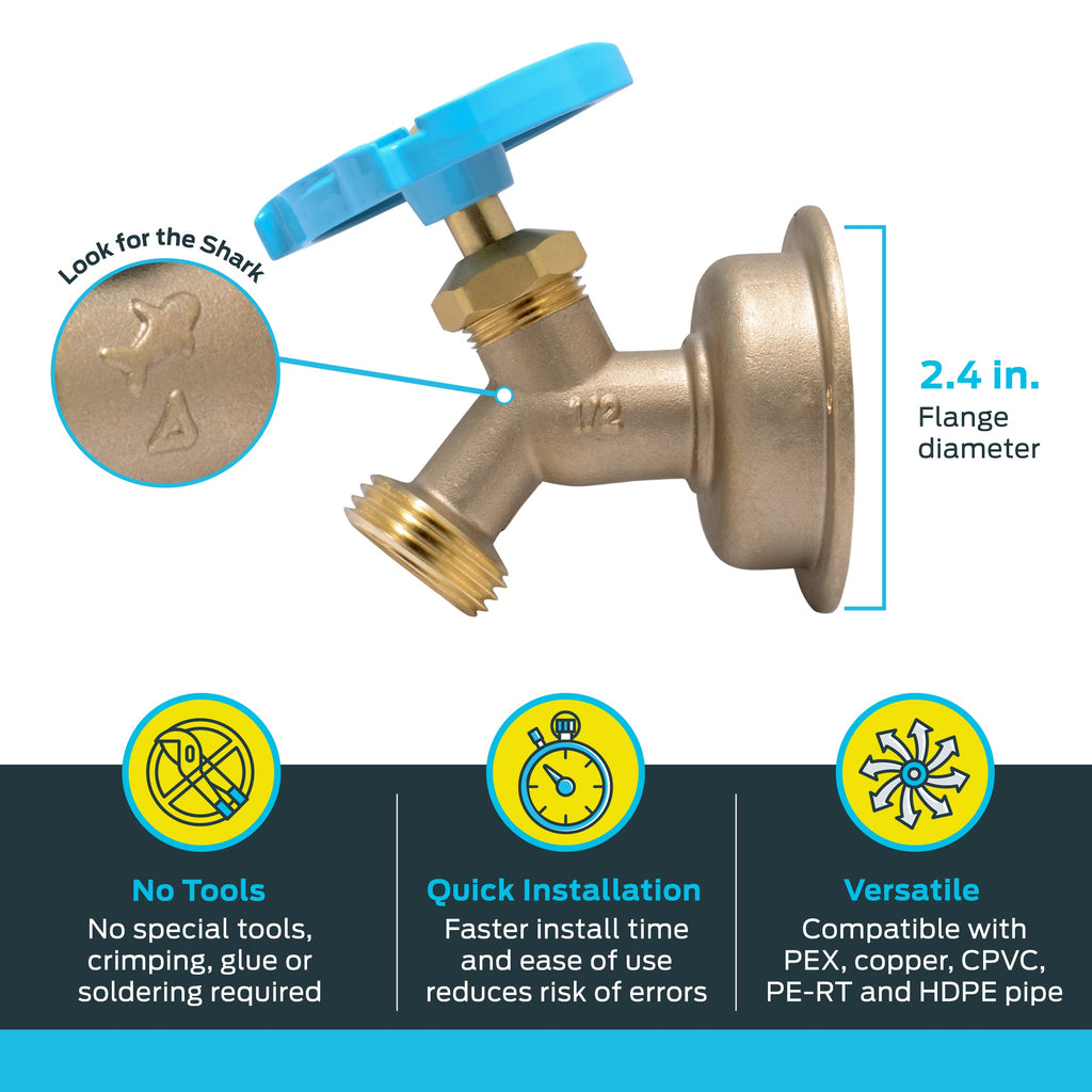SharkBite 1/2 x 3/4 Inch MHT 45 Degree Hose Bibb, Multi Turn, Push to Connect Brass Plumbing Fitting, PEX Pipe, Copper, CPVC, PE-RT, HDPE, 24632LF