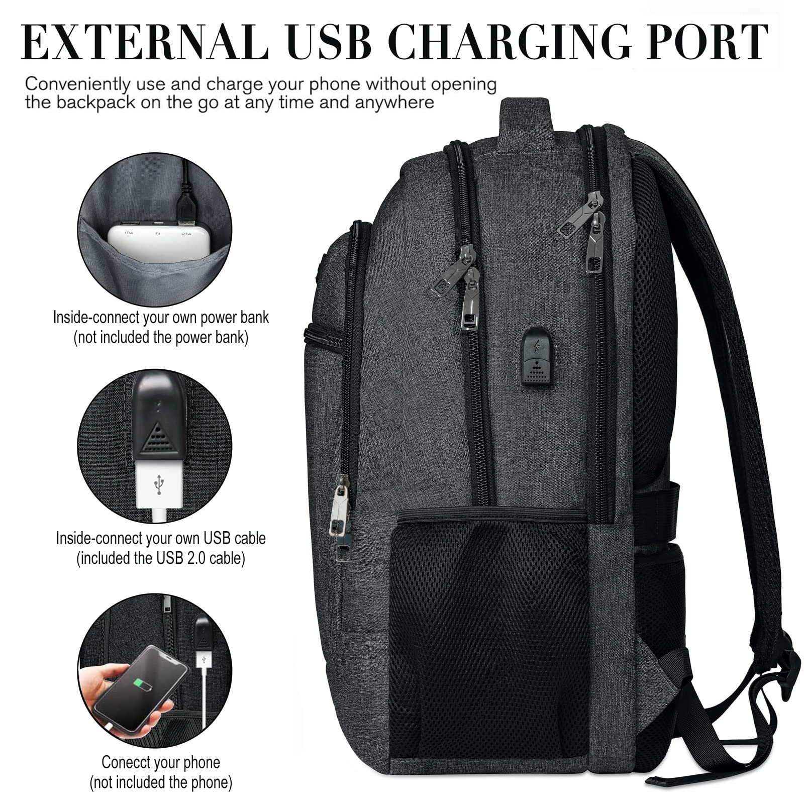 Backpack for Men and Women, School Backpacks for Teen Boys and Girls, Black Water Resistant Back Pack, Business Men Sturdy Computer Bag with USB Charging Port, Gifts