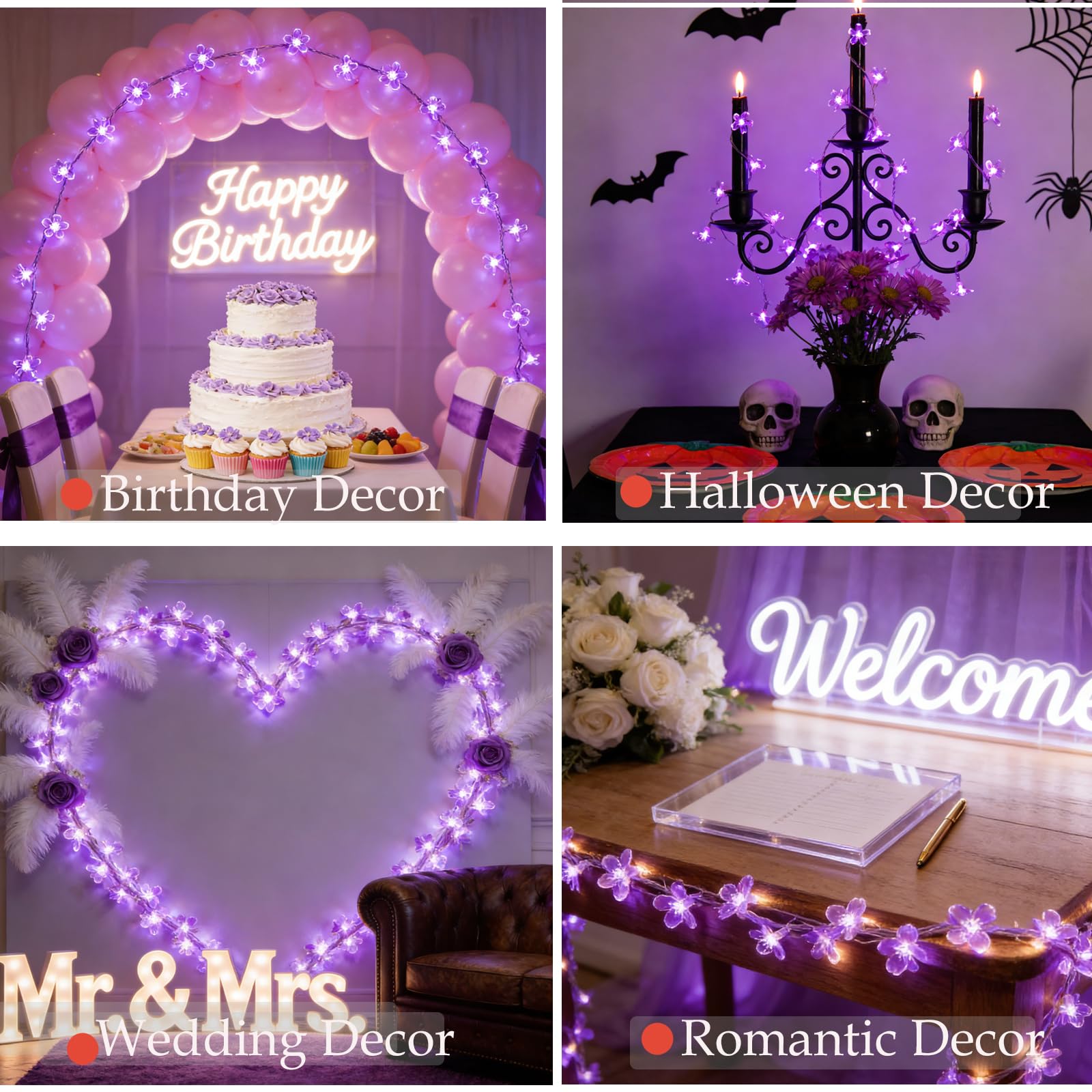 FULLBELL String Lights, Purple Lights Room Decor Flower String Lights 33 Feet 100LED 8 Modes Wedding Party Indoor Outdoor Flower Lights LED Lights for Bedroom Birthday Decorations (Purple)