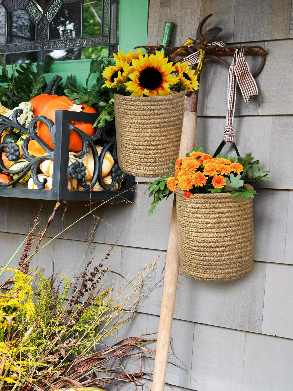 Goodpick 2pack Jute Hanging Baskets - 7.87" x 7" Small Woven Fern Hanging Basket Flower Plants, Jute Woven Basket