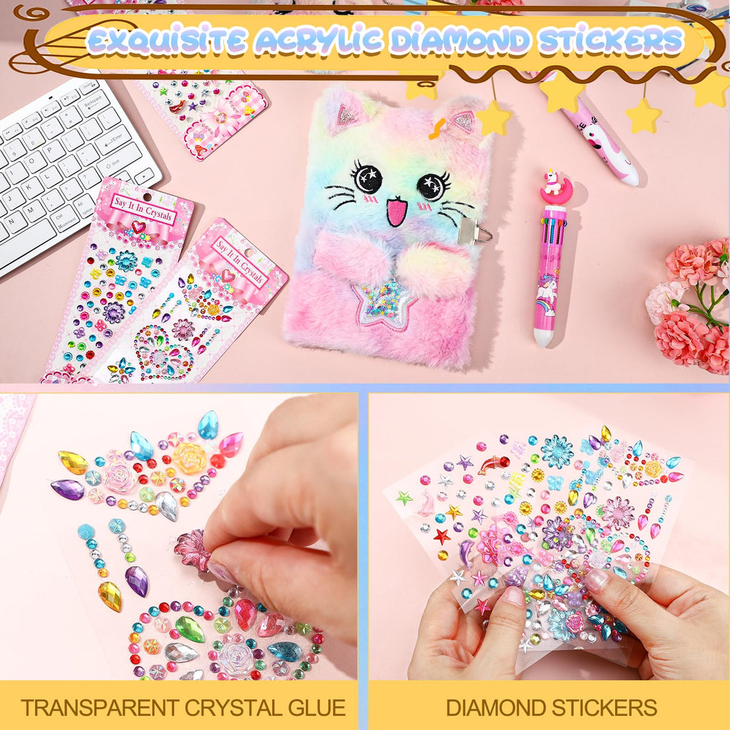 Cat Diary with Lock and Key,Tie-Dye Plush Notebook,Secret Diary with Coin Purse 2 Ballpoint 3 Crystal Sticker,Stationary Gift for Girls Age 4-12 Multicolored
