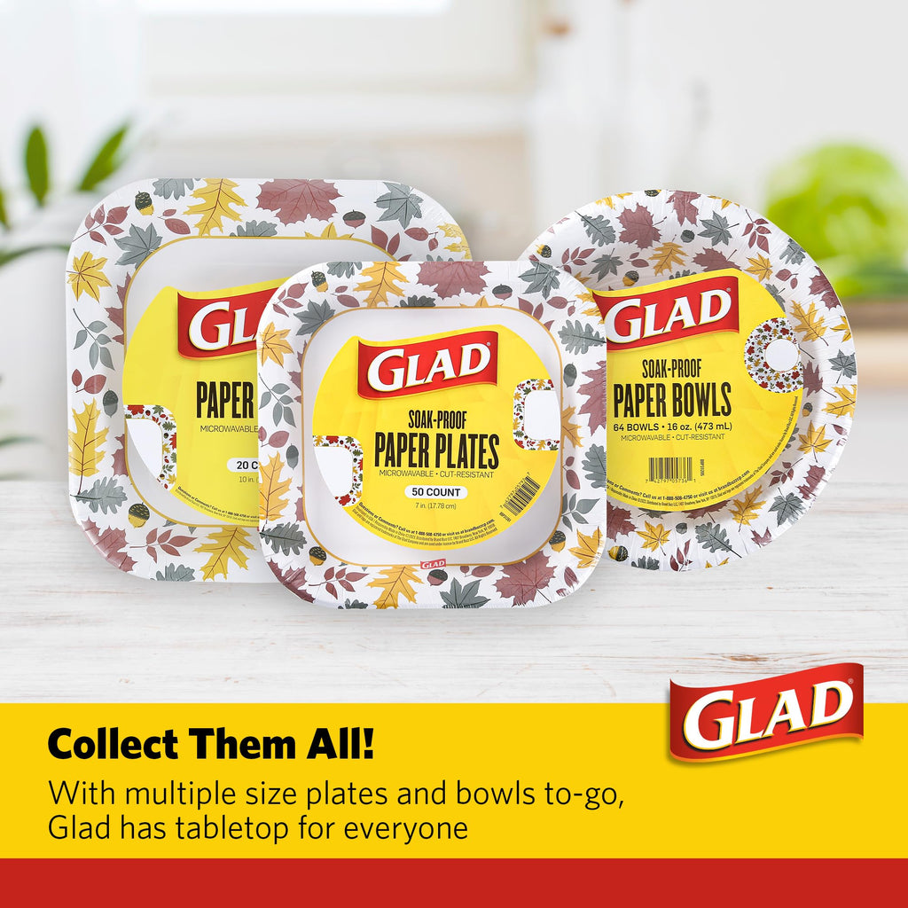 Glad Everyday Disposable Paper Bowls with Falling Foliage Design | Cut-Proof, Microwaveable Paper Bowls, Autumn Themed Disposable Bowls for Everyday Use | 16 Ounces, 50 Count