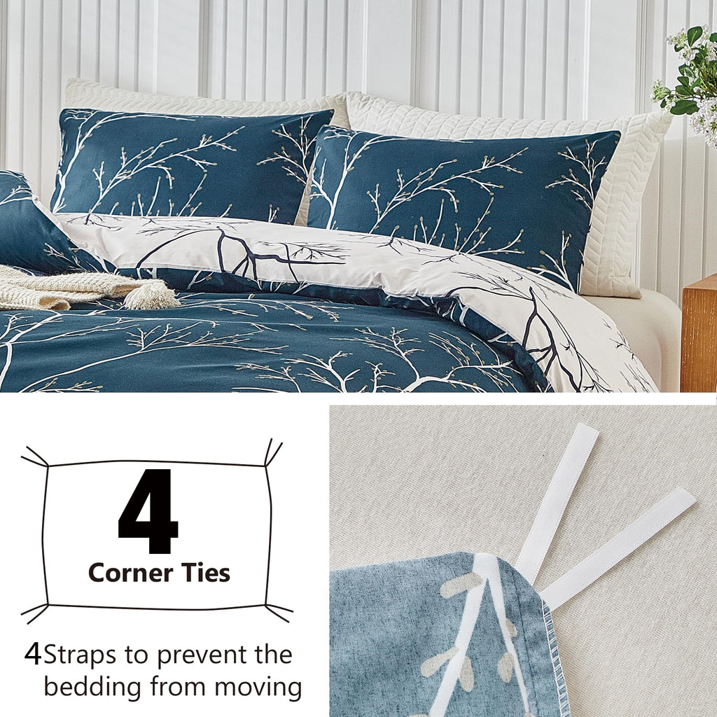 Duvet Cover Queen, Tree Branches Pattern Bed Sets, Ultra Soft Microfiber Bed Set, 3 Piece Breathable Queen Duvet Cover Set with Zipper Closure, Corner Ties, (90x90 Inch, Blue)