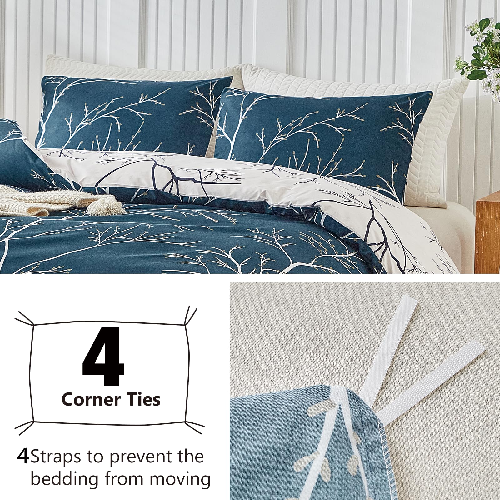 Duvet Cover Queen, Tree Branches Pattern Bed Sets, Ultra Soft Microfiber Bed Set, 3 Piece Breathable Queen Duvet Cover Set with Zipper Closure, Corner Ties, (90x90 Inch, Blue)