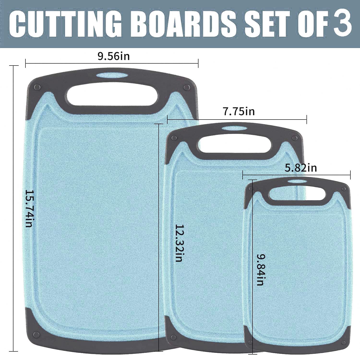 Cutting Boards Kitchen Cutting Board (3-Piece Set) Chopping Boards- Plastic Cutting Boards Set, Juice Grooves, BPA-Free and Dishwasher Safe (Blue)
