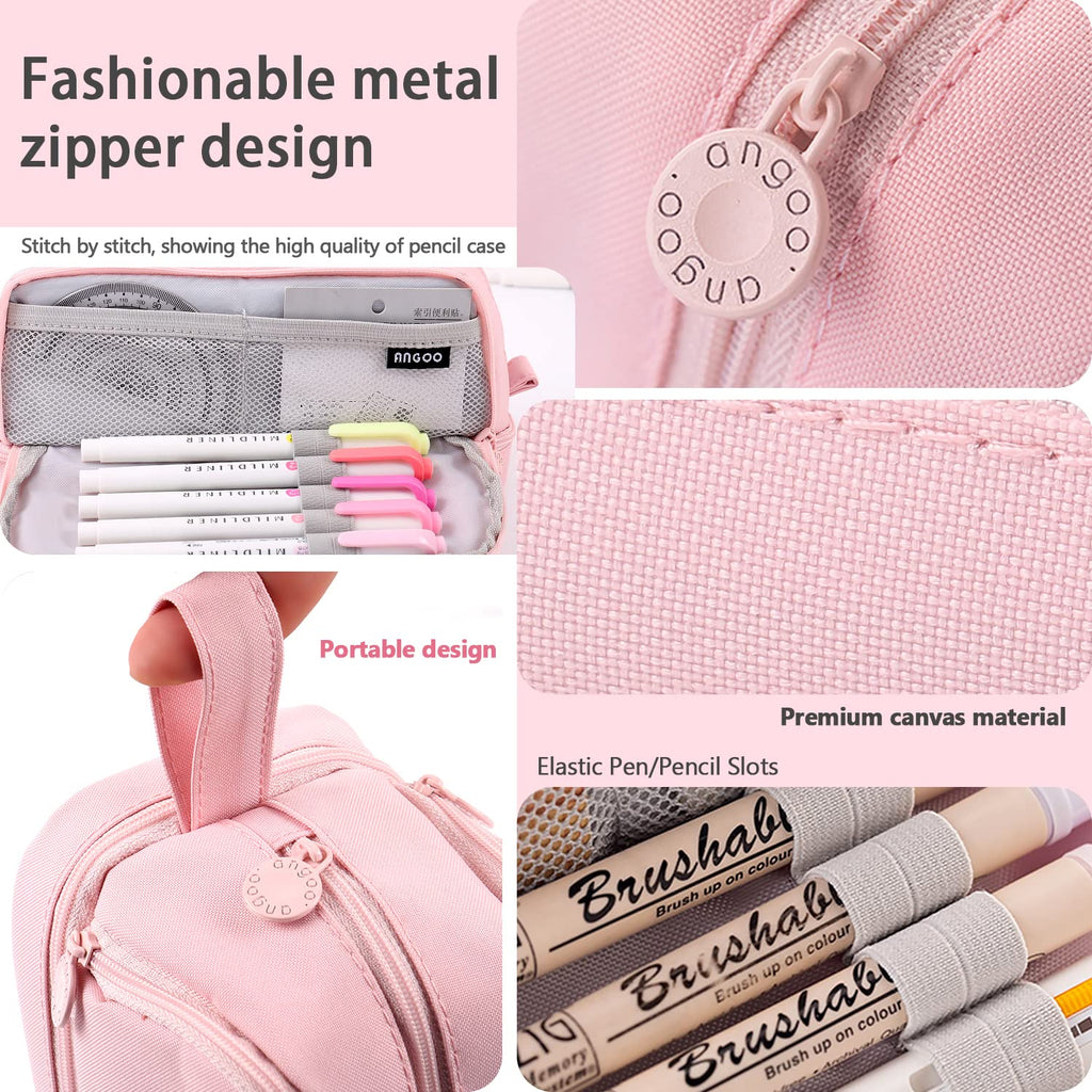 Large Capacity Pencil Case 4 Compartments, Pencil Case with Zipper Portable Handle, Aesthetic Pencil Case Stationery Organizer for Office College School Teen Girl Boy Men Women (Pink)