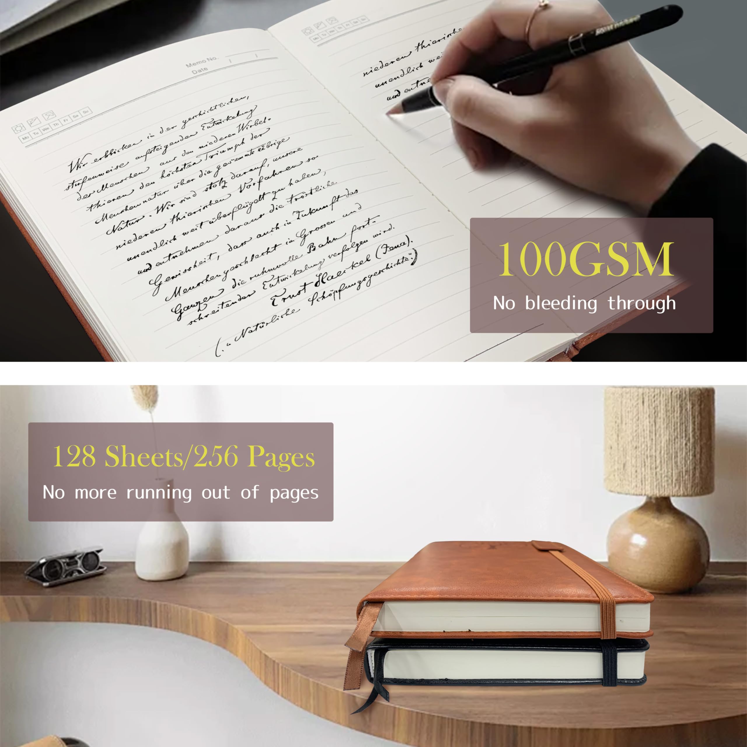 Notebook Journal 2 Pack, A5 Leather Notebooks for Work, School, 100GSM College Ruled Journals Lined Pages, VALIDASS 256 Pages Meeting Hardcover Notebook for Women,Men(Black_Brown)