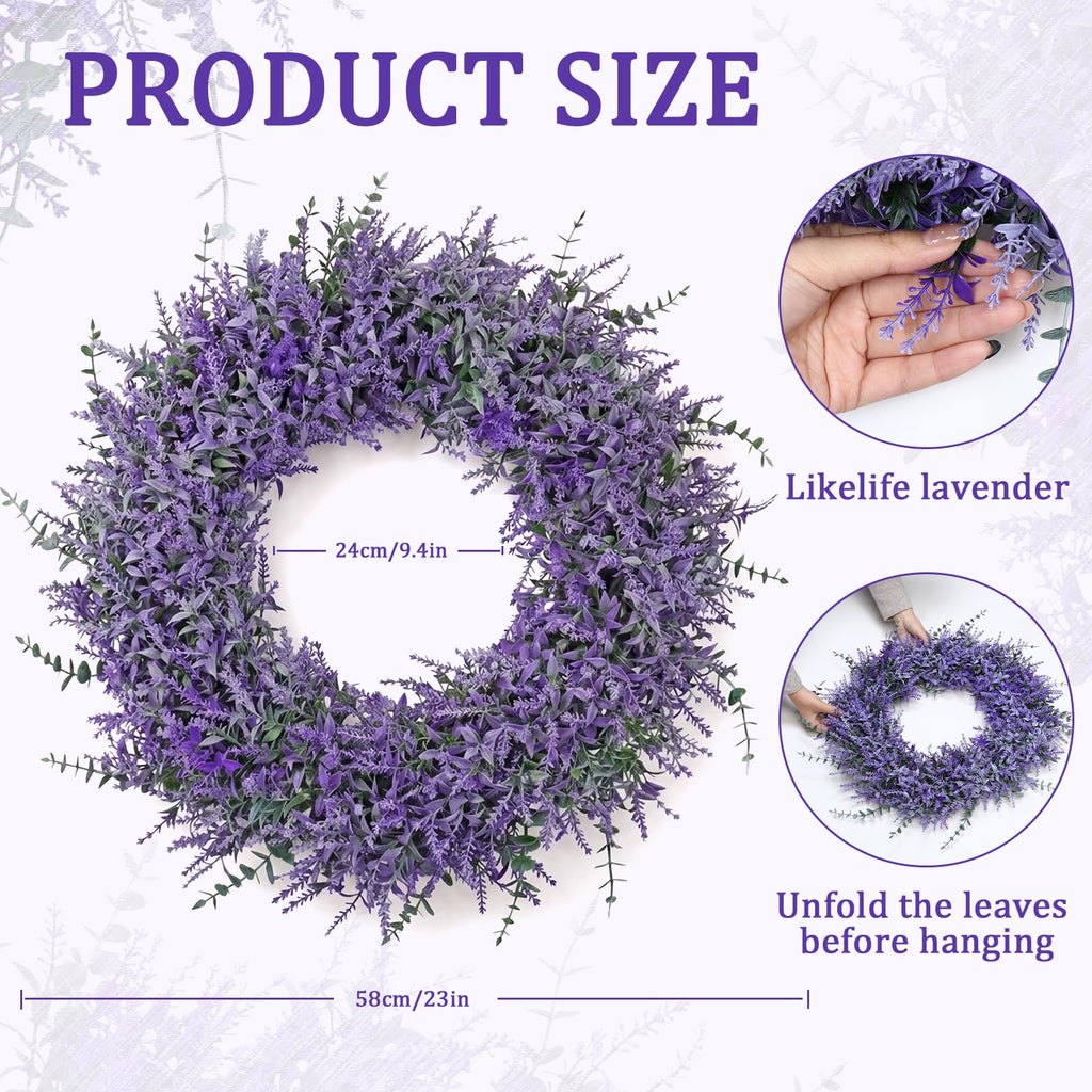 TOCHGREEN Lavender Wreath for Front Door 23Inch Artificial Spring Summer Purple Lavender Wreaths All Seasons Eucalyptus Wreaths for Indoor Outdoor Outside Wall Room Home Farmhouse Window Decor
