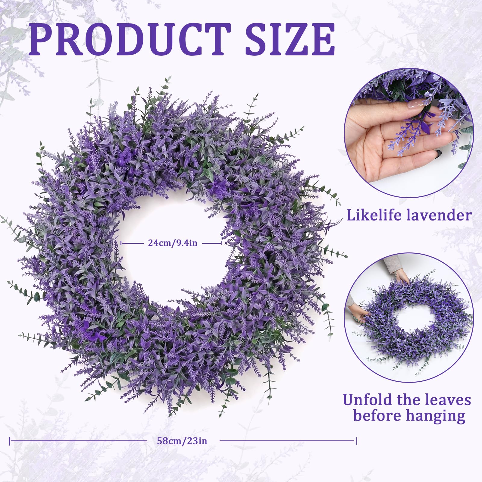 TOCHGREEN Lavender Wreath for Front Door 23Inch Artificial Spring Summer Purple Lavender Wreaths All Seasons Eucalyptus Wreaths for Indoor Outdoor Outside Wall Room Home Farmhouse Window Decor