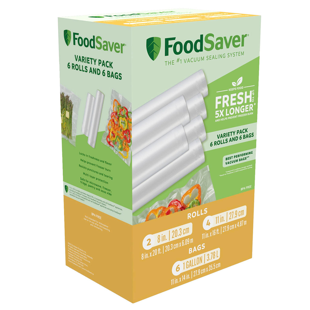 FoodSaver Vacuum Sealer Bags & Rolls, BPA-Free Combo Pack with 6 Assorted Vacuum Seal Bags and 6 Rolls for Airtight Food Storage and Sous Vide (12 Total)