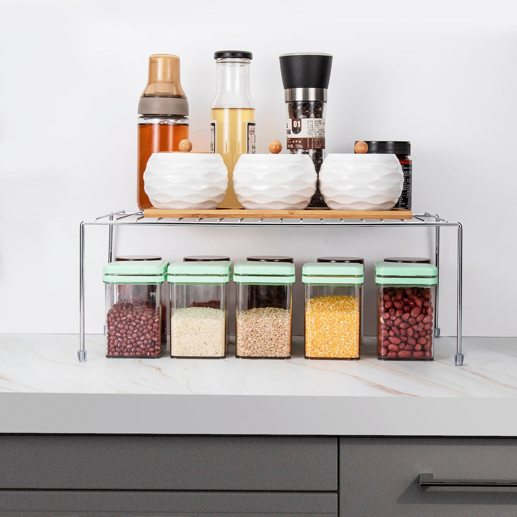 ROFAY Kitchen Cupboard Shelf Wire Rack Organizer - Set of 4, Chrome Plated Metal Storage Shelves, Countertop Divider for Pantry, Cabinets, and Utensils