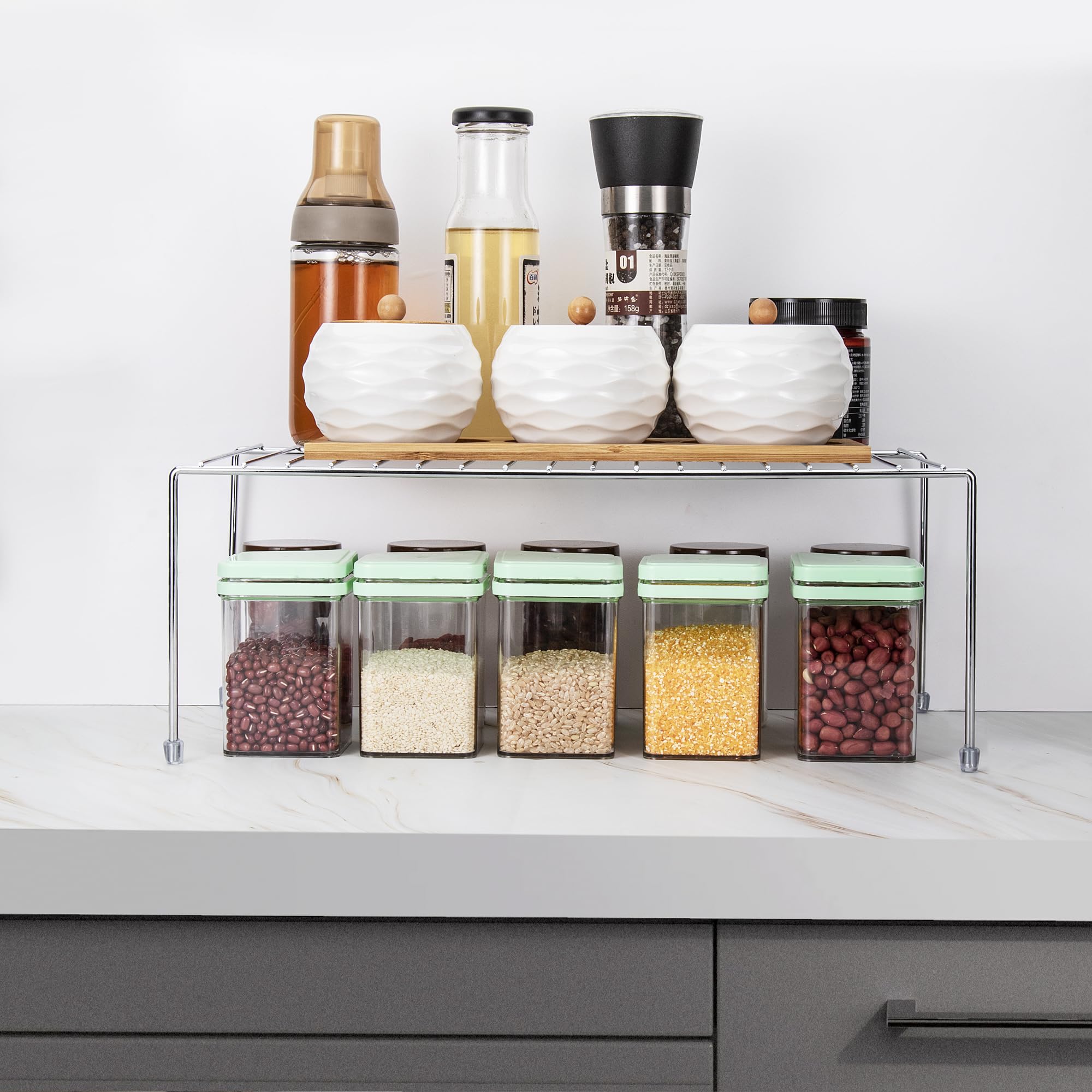 ROFAY Kitchen Cupboard Shelf Wire Rack Organizer - Set of 4, Chrome Plated Metal Storage Shelves, Countertop Divider for Pantry, Cabinets, and Utensils