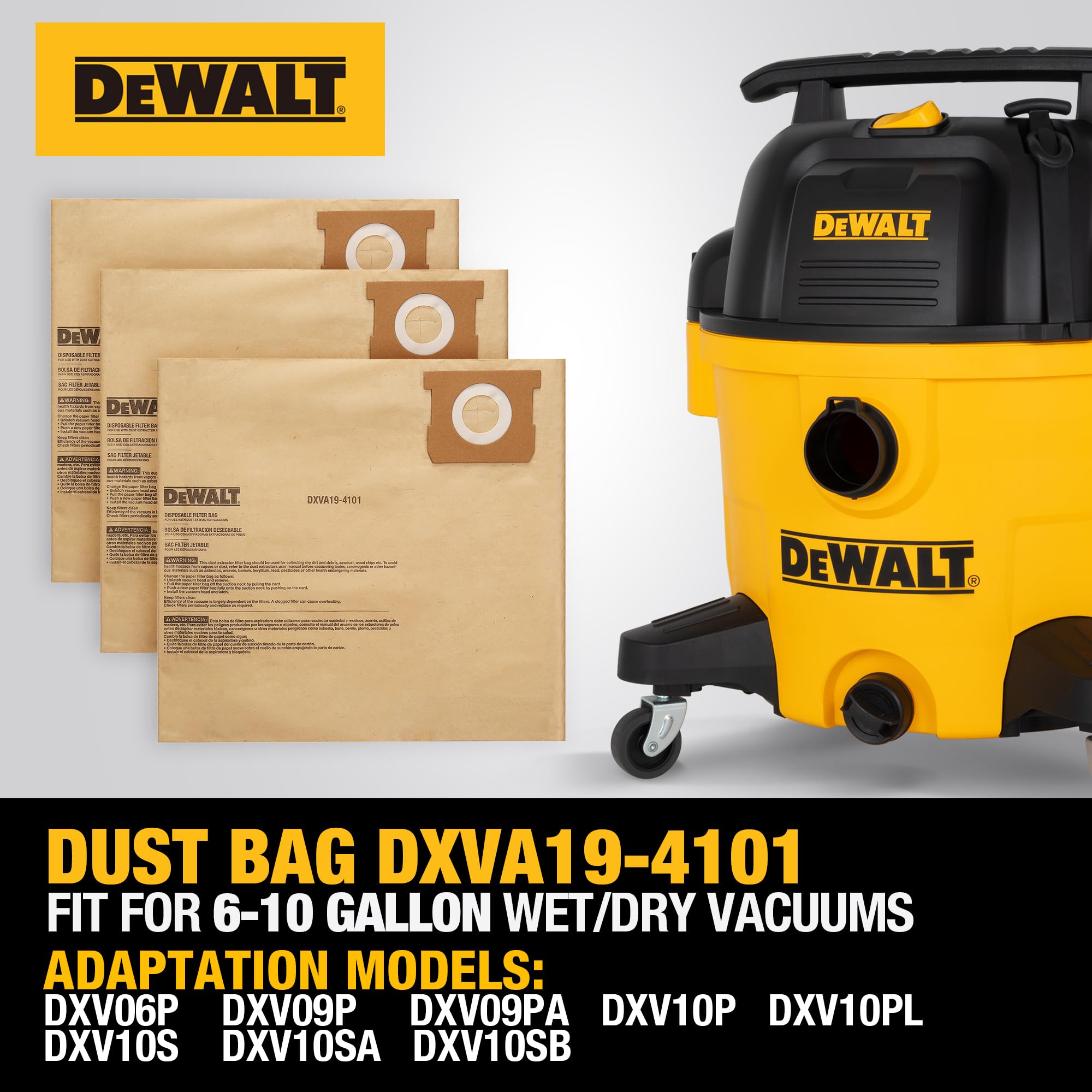 3 Pack DEWALT Dust Bag DXVA19-4101, for 6-10 Gallon Wet/Dry Vacuum, DEWALT Vacuum Bags, Compatible with DXV06P DXV09P DXV09PA DXV10P DXV10PL DXV10S DXV10SA DXV10SB
