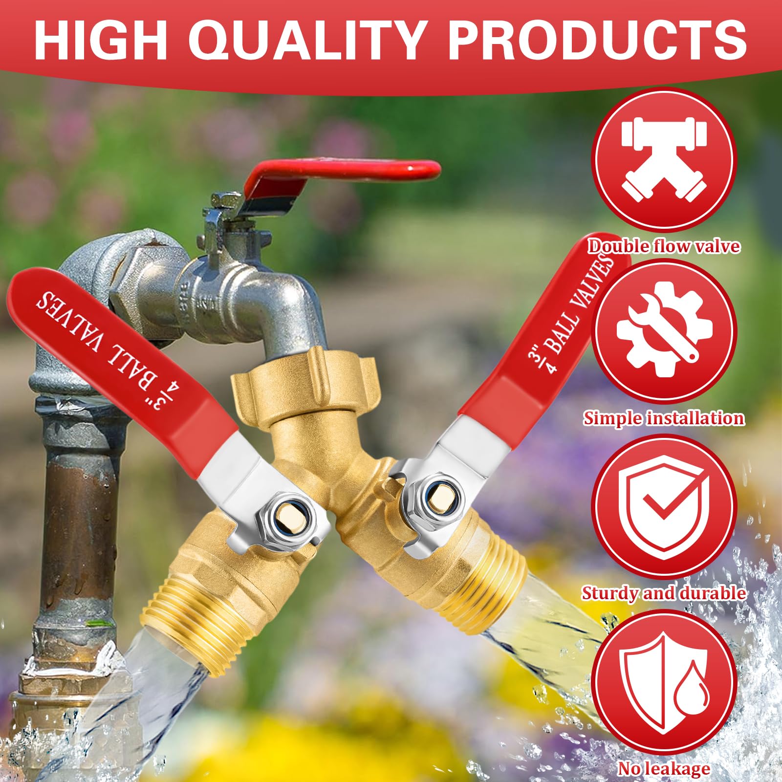 Garden Hose Splitter 2 Way, Heavy Duty Brass Water Hose Splitter with Stainless Steel Long Handle, 3/4" GHT Thread Garden Hose Y Splitter 2 Way, Full Flow Hose Splitter Connector