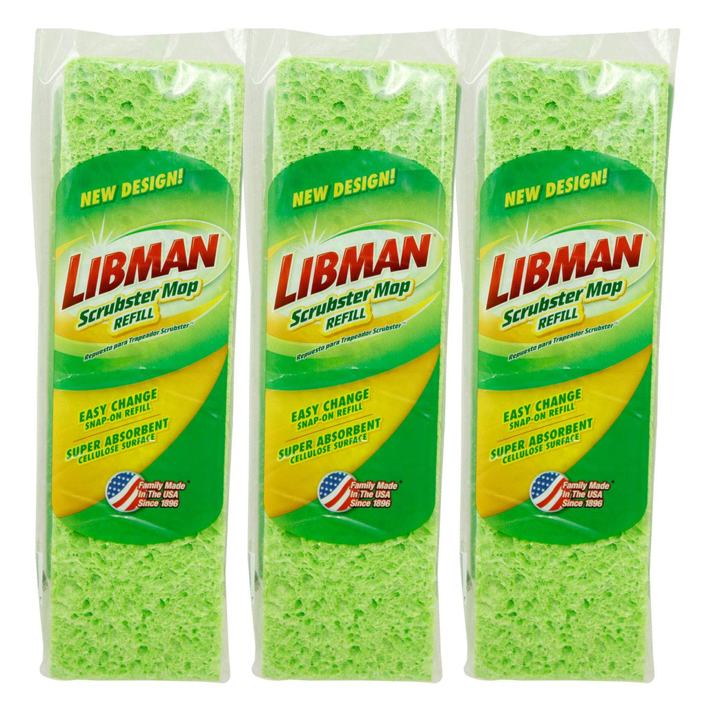 Libman Scrubster Mop Refill Pack, Three #3105 Refills Extra-Absorbent, Cellulose Coated Sponge Replacement Heads for The Libman Scrubster Mop, 3 Pack