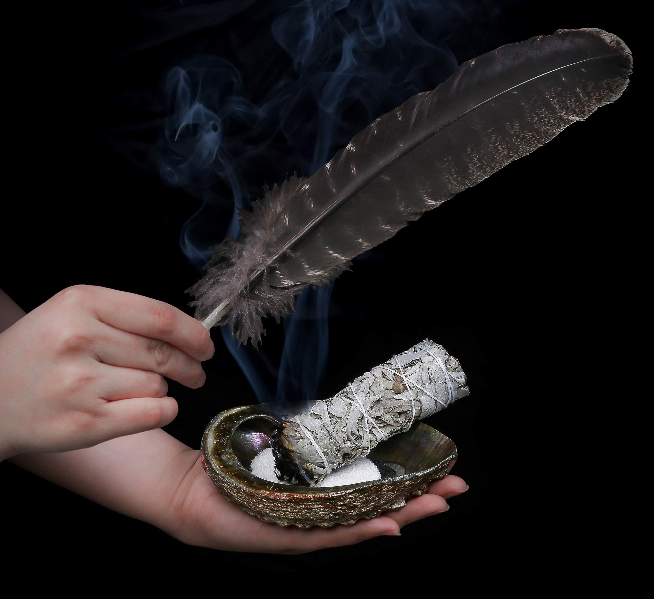 Sage Smudge Kit - White Sage Smudge Sticks ~ Abalone Shell 5-6 in ~ 2 in Tripod Stand ~ 10-12 in Feather and White Sand ~ The Perfect Smudge Kit