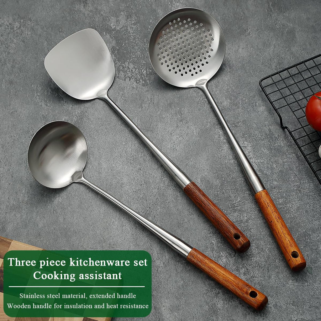 Evanda Wok Spatula Set 43cm, Heat Resistant Wood Handle Stainless Steel Wok Tools, Ladle, Metal Spatula, Kitchen Skimmer, Professional Kitchen Cooking Utensils Set, Wok Accessories Dishwasher Safe