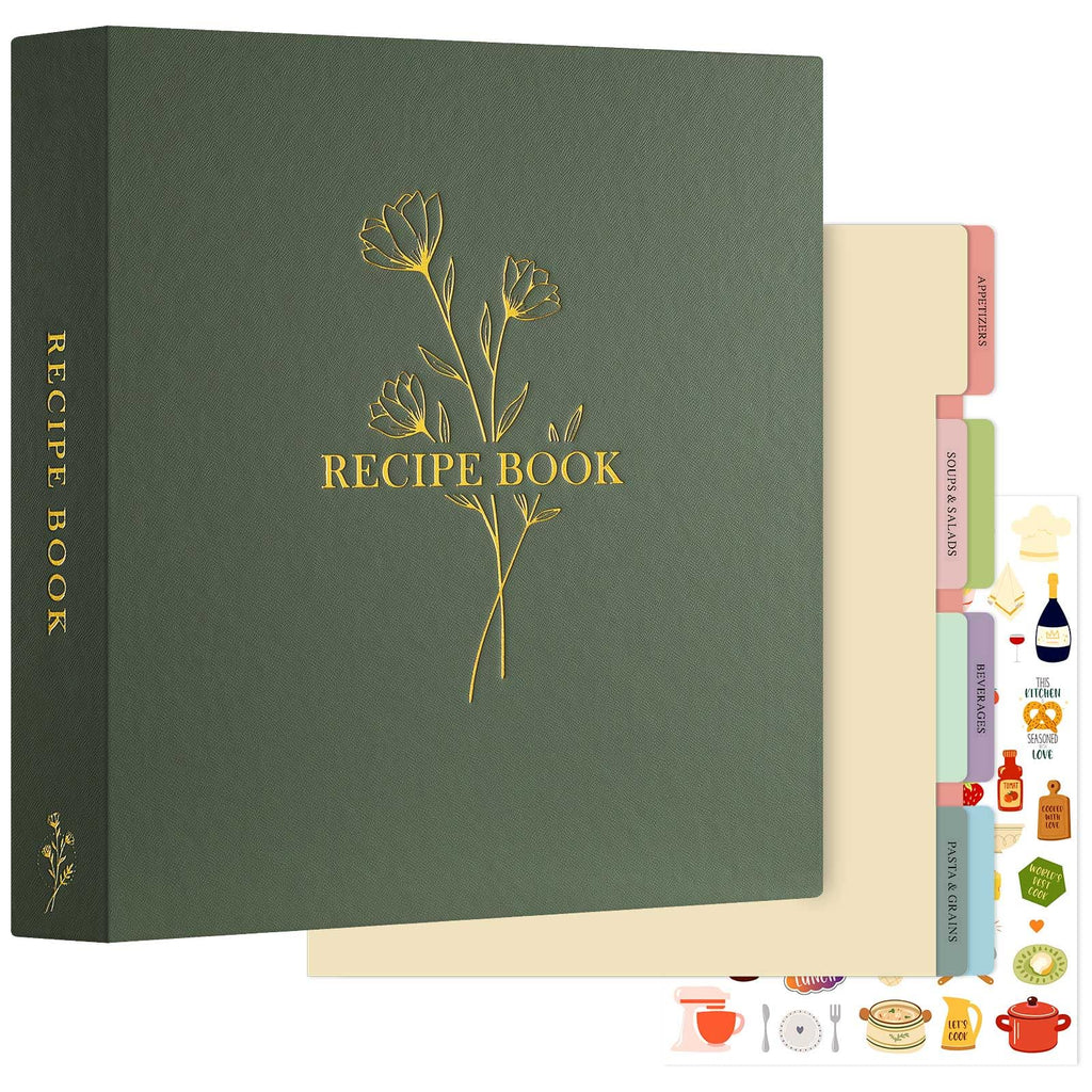 Lanpn Recipe Binder 8.5x11 3 Ring Kit, Waterproof Recipe Book Organizer Binder with 60 Plastic Sleeves,116 Recipes, Dividers,Labels & Stickers, Blank Recipe Binder to Write in Your Own Recipes, Green
