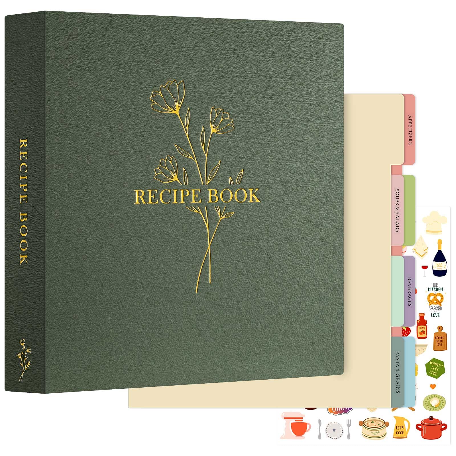 Lanpn Recipe Binder 8.5x11 3 Ring Kit, Waterproof Recipe Book Organizer Binder with 60 Plastic Sleeves,116 Recipes, Dividers,Labels & Stickers, Blank Recipe Binder to Write in Your Own Recipes, Green