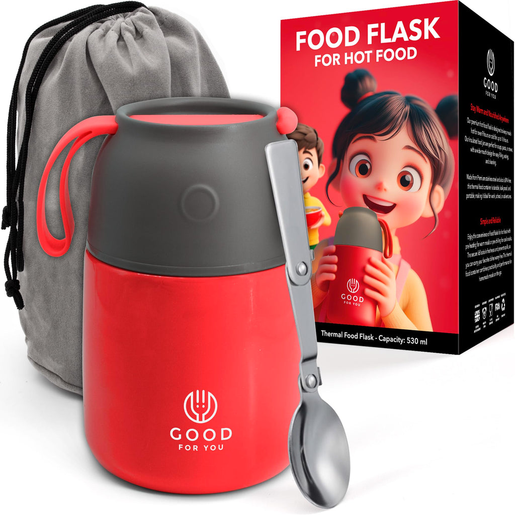 Insulated Food Flask - 530ml Stainless Steel Jar for Hot and Cold Meals – Double-Wall Insulation, Thermal Food Container for School, Office, Travel, Camping - Foldable Spoon, Bag - Red - 24.7 oz