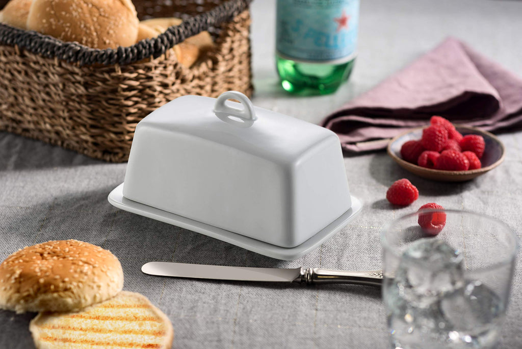 GOURMEX Classic Butter Dish with Lid | Fits One Stick of Butter | Ideal Butter Keeper for Salted, Unsalted Butter and Coconut Butter in Fridge | Ceramic White Tray Covered Butter Dish Dishwasher Safe (1 Pound)