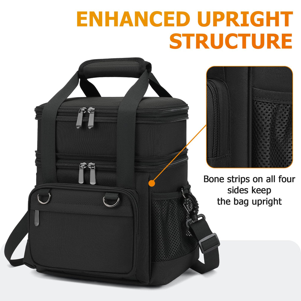 VRUCUZ Mens Lunch Bag for Work, 15L Expandable Insulated Lunch Box, Large Lunchbag for Men with Adjustable Shoulder Strap, Double Deck Adult Lunchbox Boite a Lunch Homme, Black