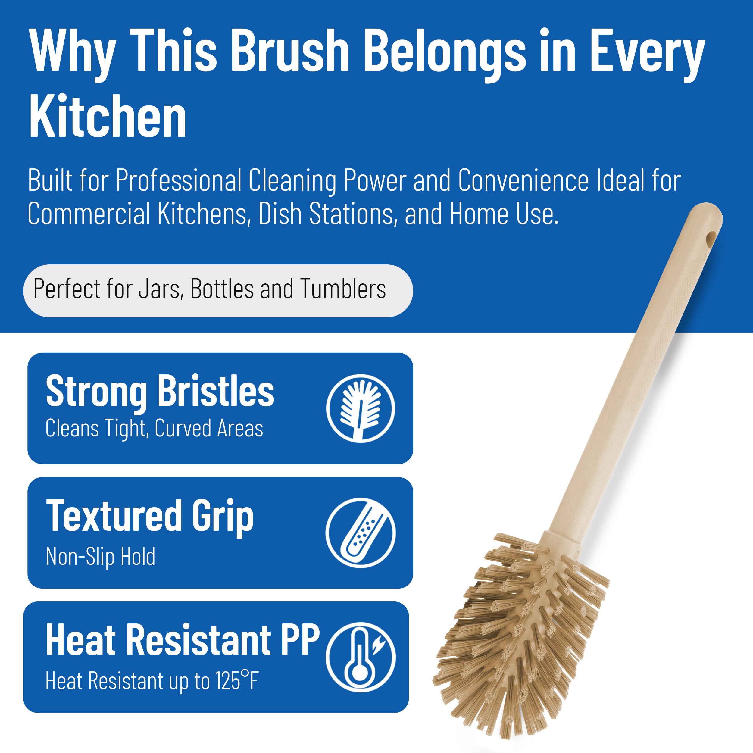 Sparta Large Water Bottle Brush Ideal for Wide-Mouth Jars, Bottles and Tumblers, Dishwashing Tool with Handle for Home and Commercial Kitchens, Plastic, 12 Inches, Tan