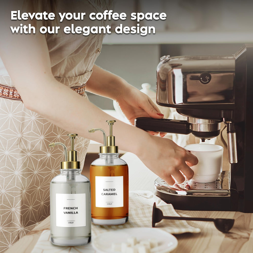 Spaceneat Coffee Syrup Dispenser with Pump - Includes 24 Flavor Labels - Glass Syrup Dispenser for Coffee Bar - Elevate your Beverage Station with 16.9 fl oz Flavoring Container Bottles, 2pcs, Gold