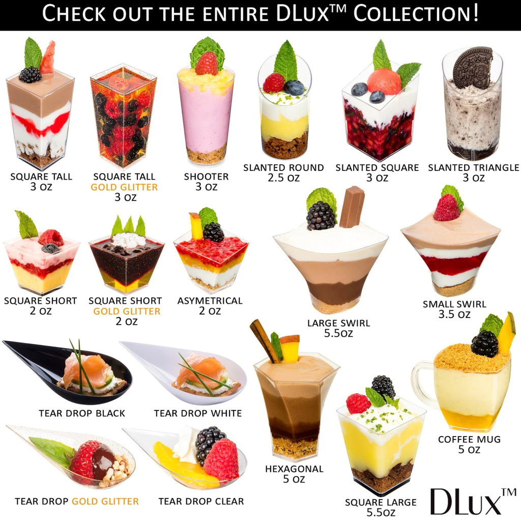 DLux 100 x 3 oz Mini Dessert Cups (no Spoons), Square Tall - Clear Plastic Parfait Appetizer Cup - Small Reusable Serving Bowl for Tasting Party Desserts Appetizers - with Recipe eBook