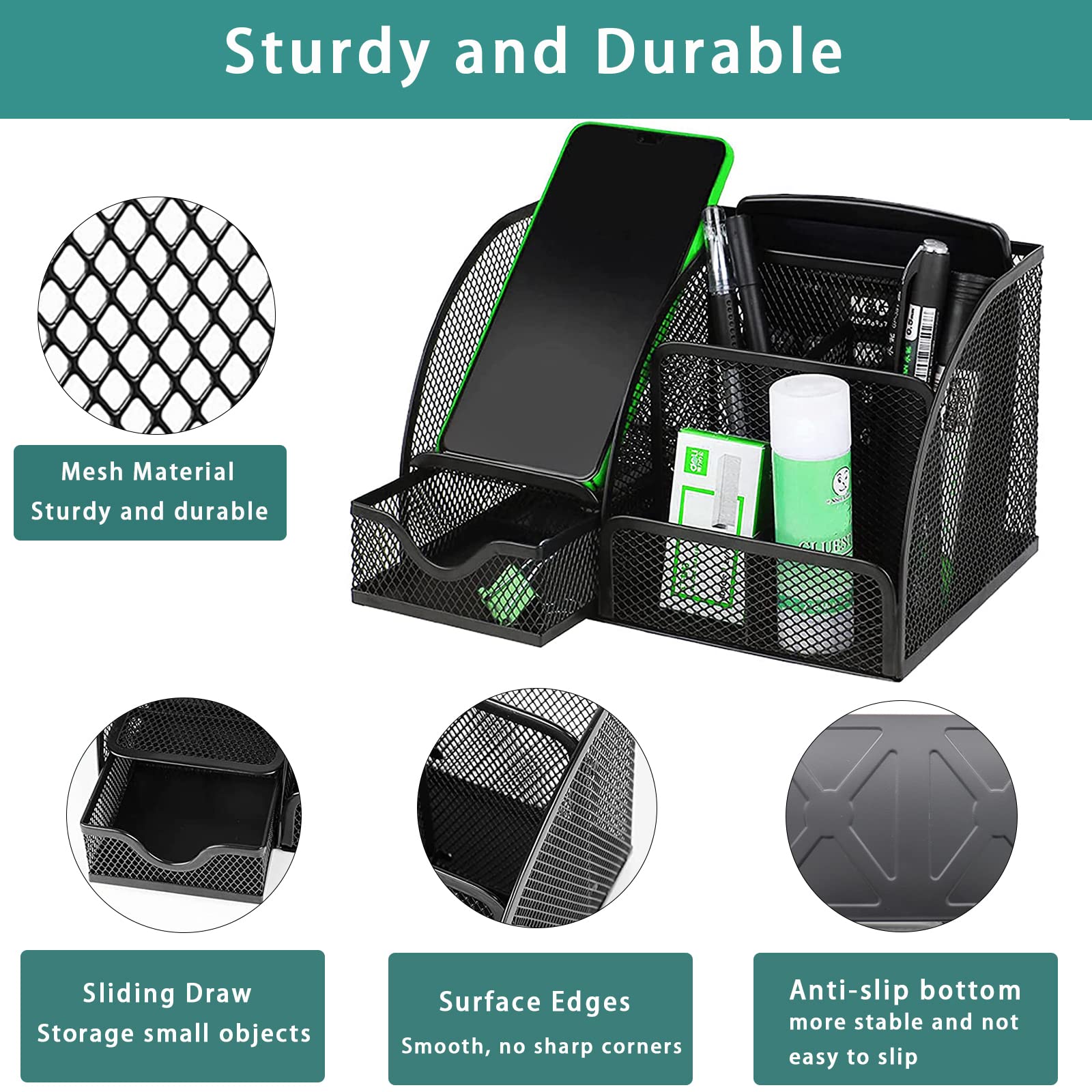 PYJLBX Desk Organizer, Pen Holder Desk Accessories, Metal Mesh Desk Organizers and Storage, Pencil Holder Desk Organizers Office Supplies Caddy Desk Storage with Draw for Home, Office, School (Black)