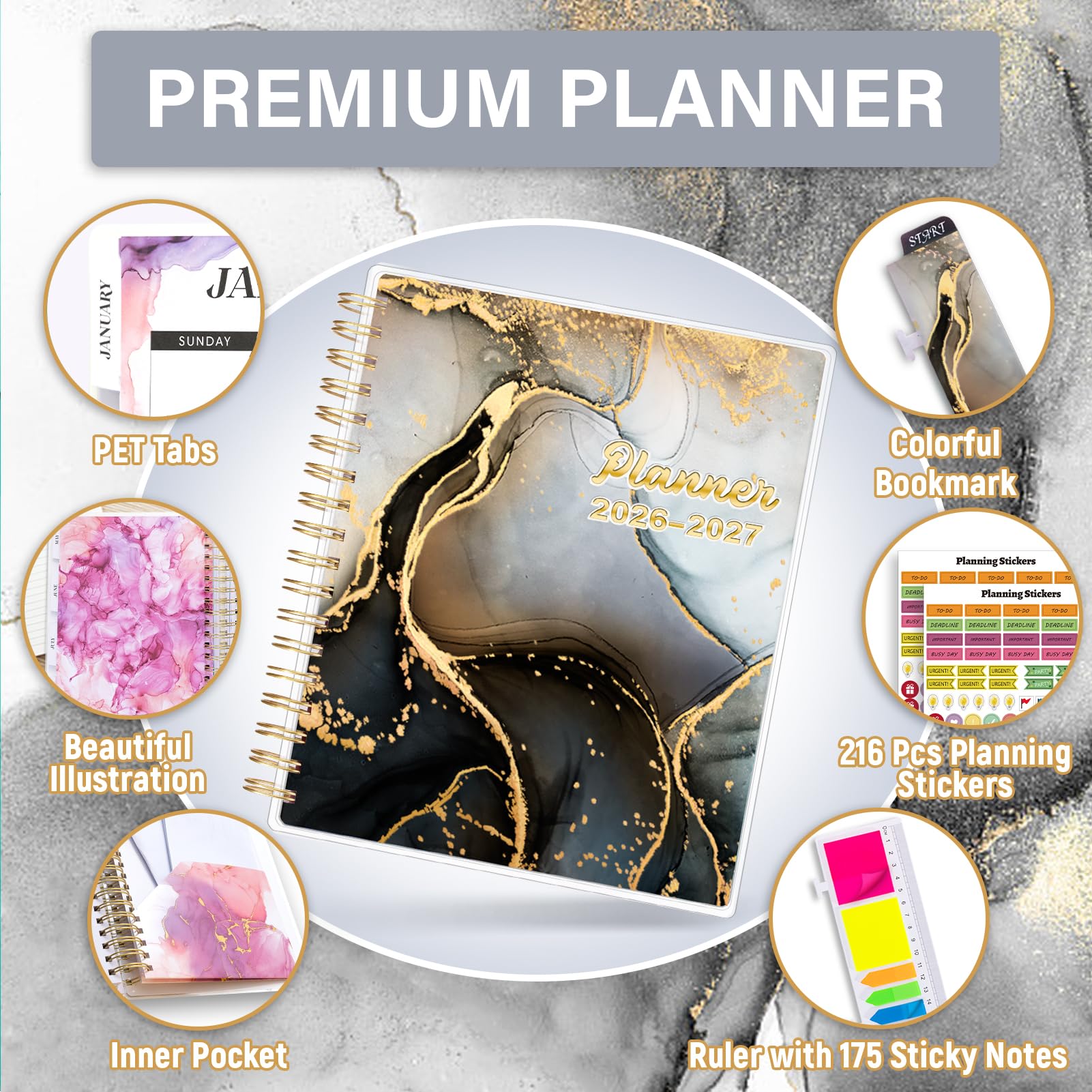 Planner 2026-2027, 18 Months Academic Daily Weekly Monthly Planner Yearly Agenda January 2026 – June 2027, Page Tabs, Separator Page, Inner Pocket, Bookmark, Stickers, Sticky Note Set, 7.9" x 9.8"