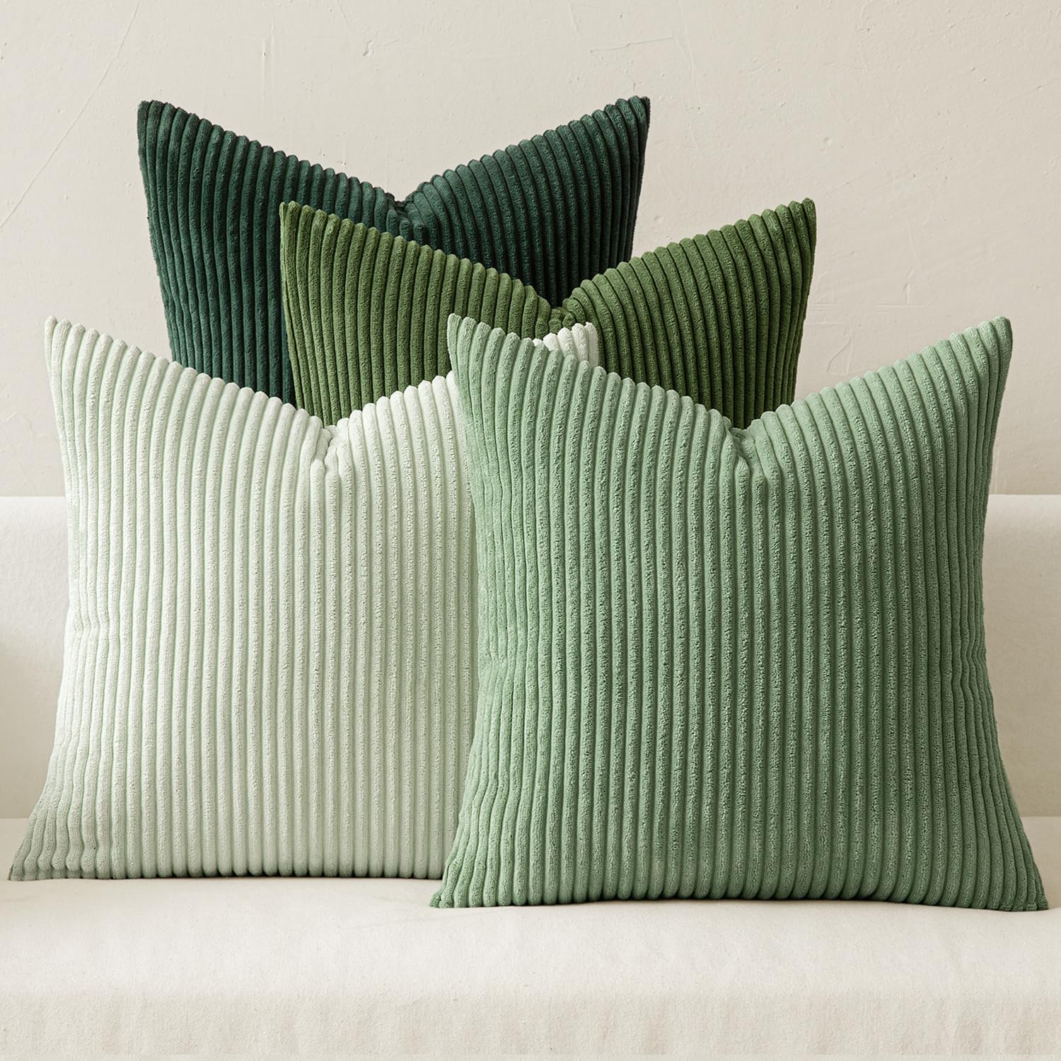 MIULEE Pack of 4 Green Corduroy Decorative Throw Pillow Covers 18x18 Inch Soft Boho Striped Pillow Covers Modern Farmhouse Home Decor for Sofa Living Room Couch Bed
