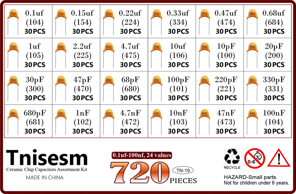 Tnisesm 720 Pcs 24Value Ceramic Capacitor Assortment Kit 0.1uF-100nF DIP Monolithic Multilayer Chip Capacitors in a Box Tn-19