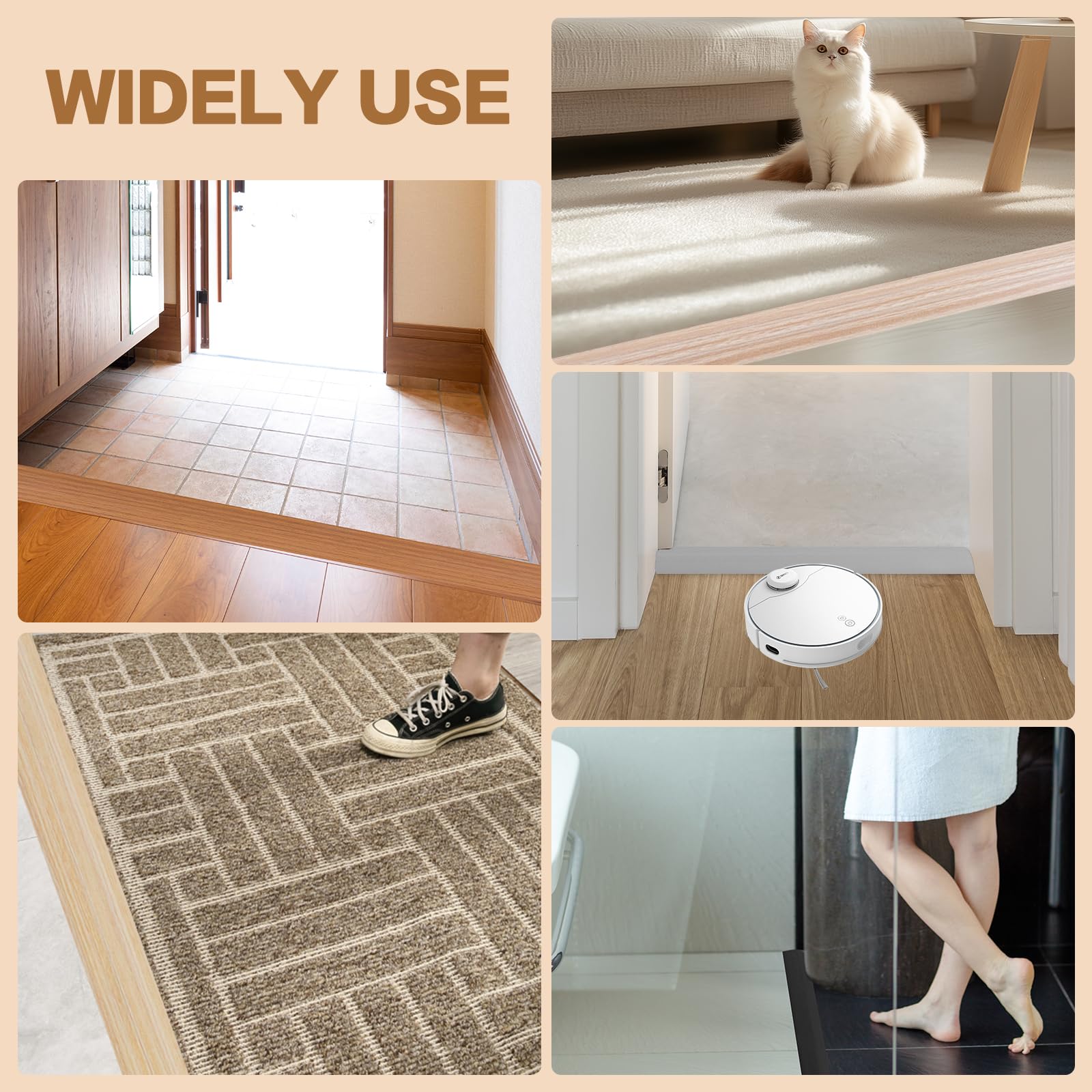 Floor Transition Strip Vinyl Door Threshold Ramp Self Adhesive Carpet Edging Strip Doorway Edge Trim, Overlap Edge Reducer for Laminate Carpet, Floor, Tile (Brown wood grain, 1/5" to 2/5", 3.3Ft)