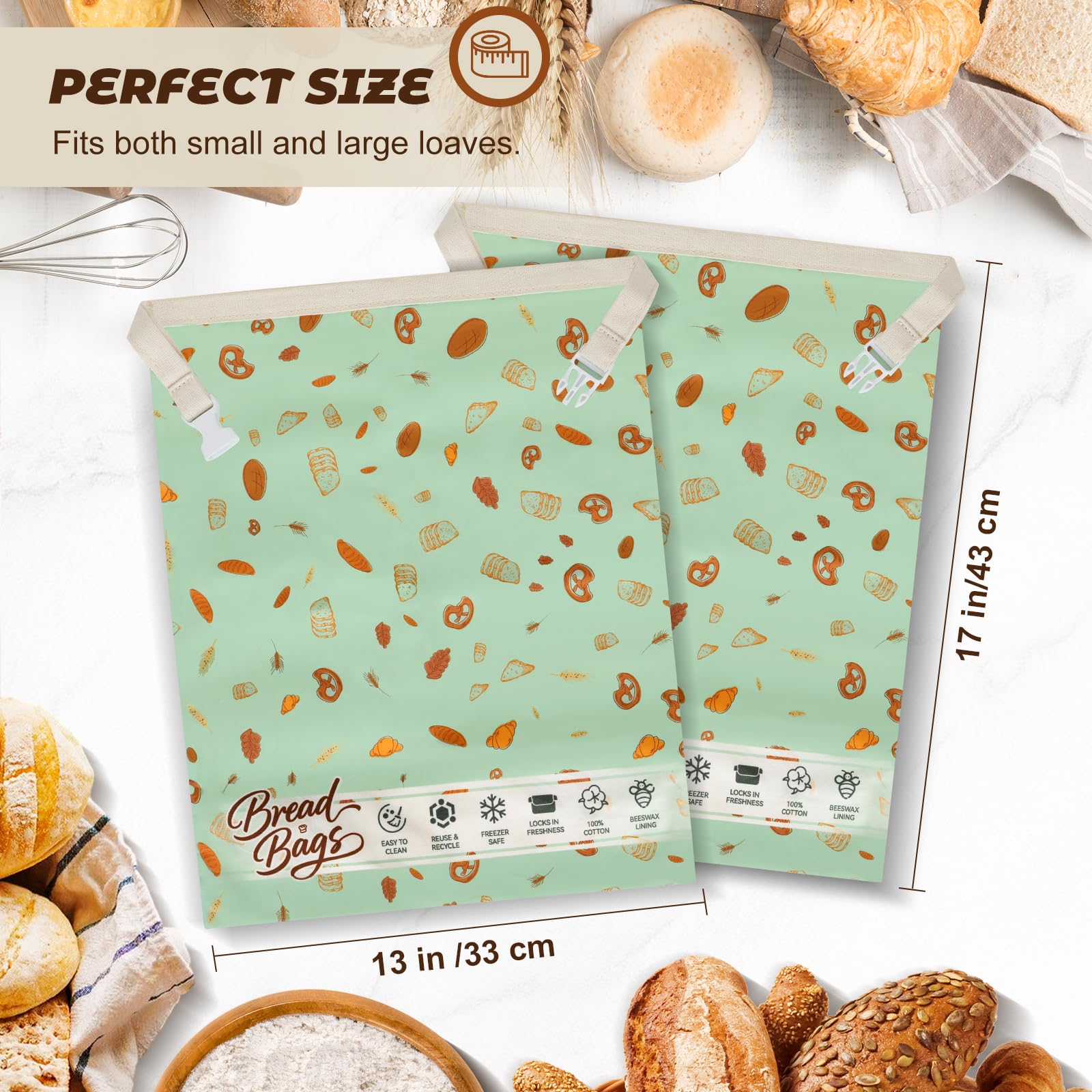 Reusable Beeswax Bread Bags for Homemade Bread 2 Pack, 17 x 13 inch, Natural Lined Cotton Beeswax Bags for Freezer & Refrigerator, Sourdough Bag, Bread Storage Bags Freshness Lock, Bakery Essentials