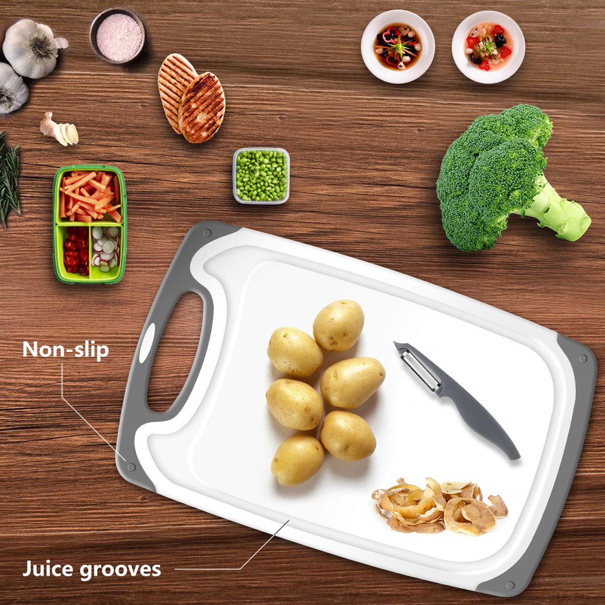 Cutting Boards for Kitchen, Plastic Chopping Board Set of 4 with Non-Slip Feet and Deep Drip Juice Groove, Easy Grip Handle
