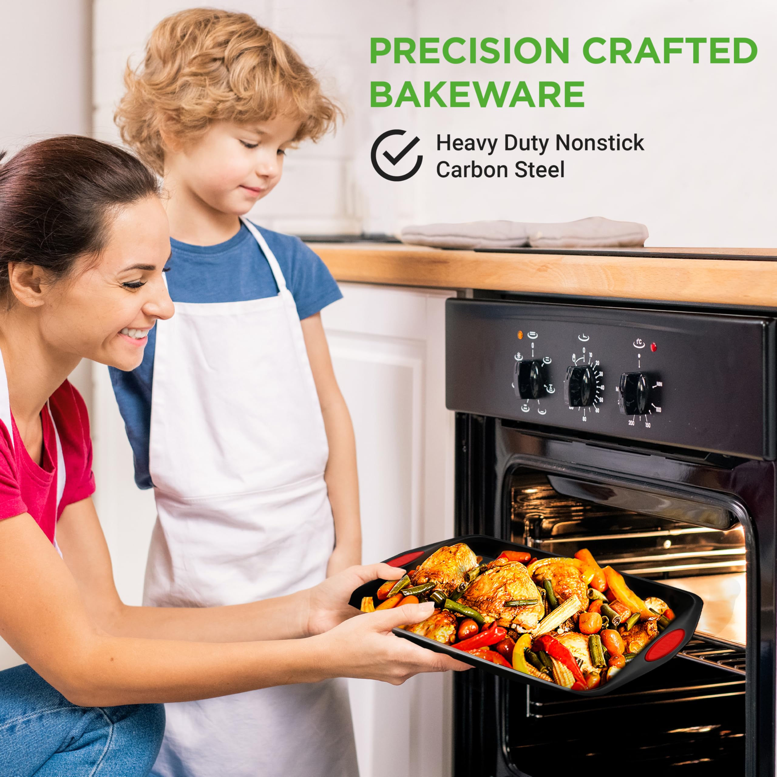 Nutrichef 3-Piece Baking Pan Set - PFOA, PFOS, PTFE Free Nonstick Black Coating Carbon Steel Bakeware - Professional Home Kitchen Bake Cookie Sheet Stackable Tray w/Red Silicone Handles